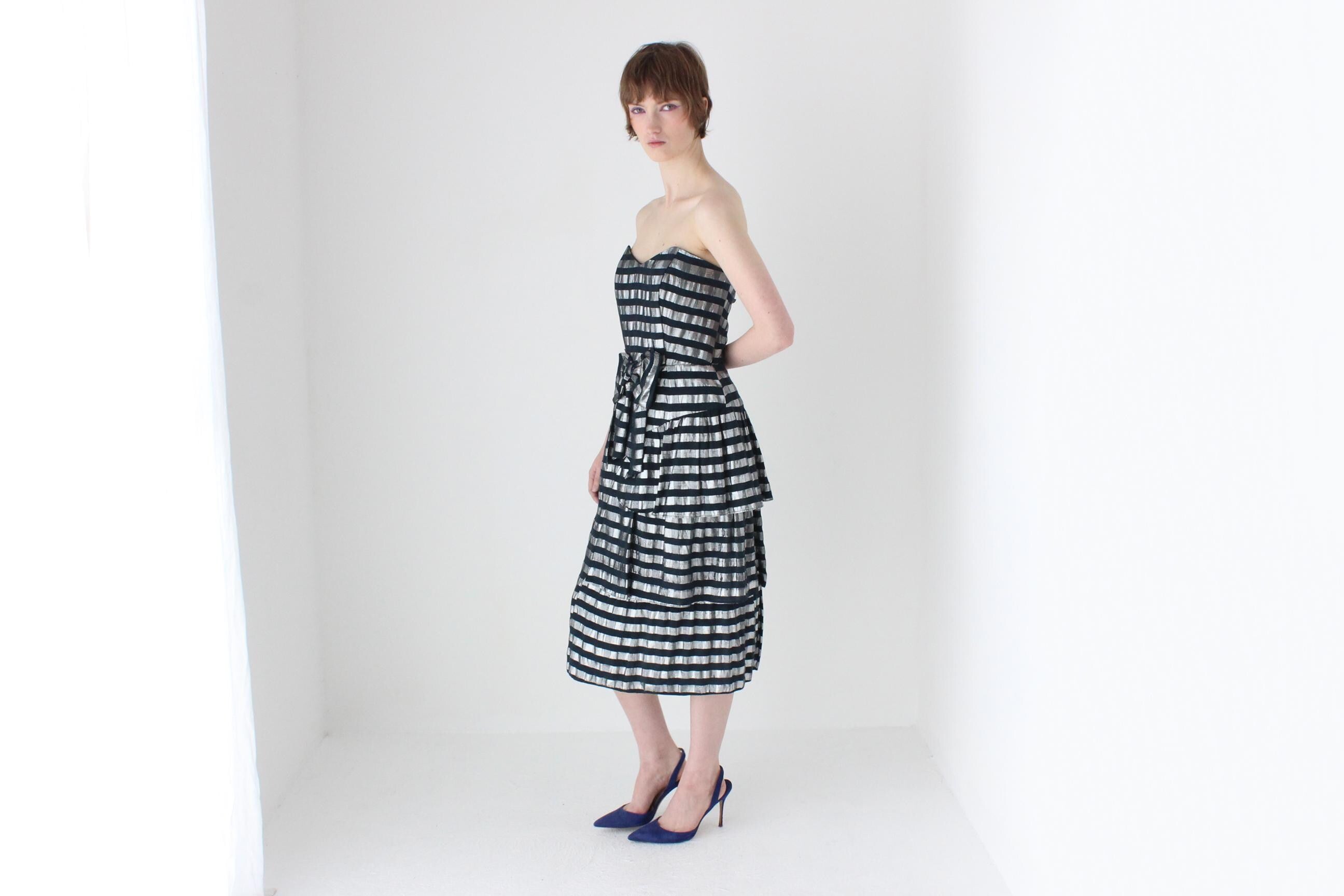 80s Silver Metallic Striped Lamé Bustier Ruffle Dress