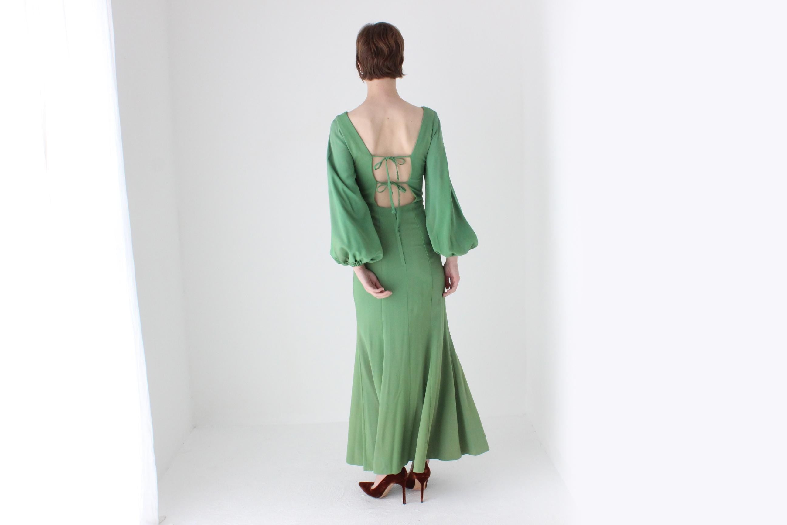 70s Apple Green Jersey Blouson Sleeve Dress w/ Tie Up Back by Leon Haskin