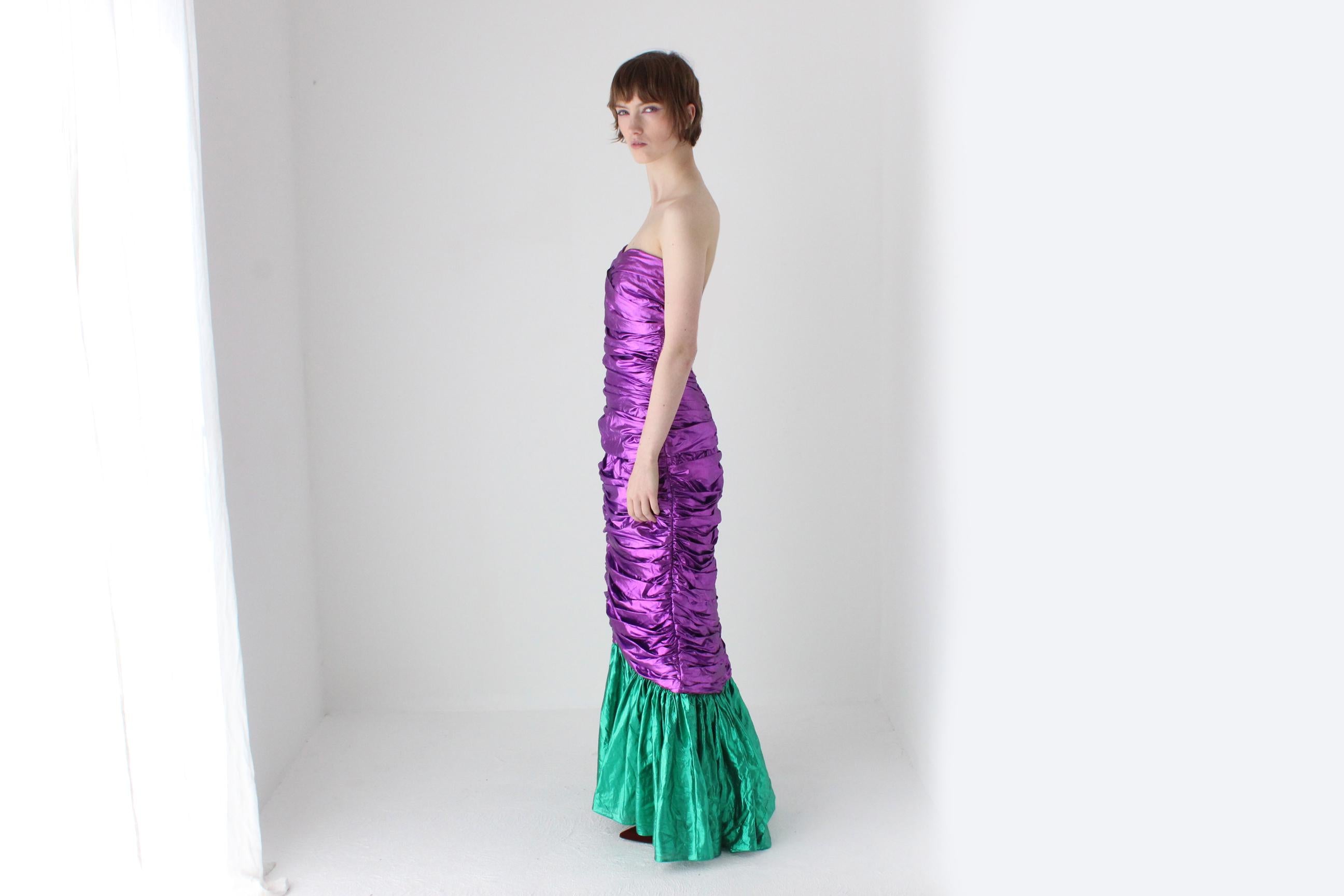 Outrageous 80s Metallic Purple Lamé Foil Strapless Party Dress