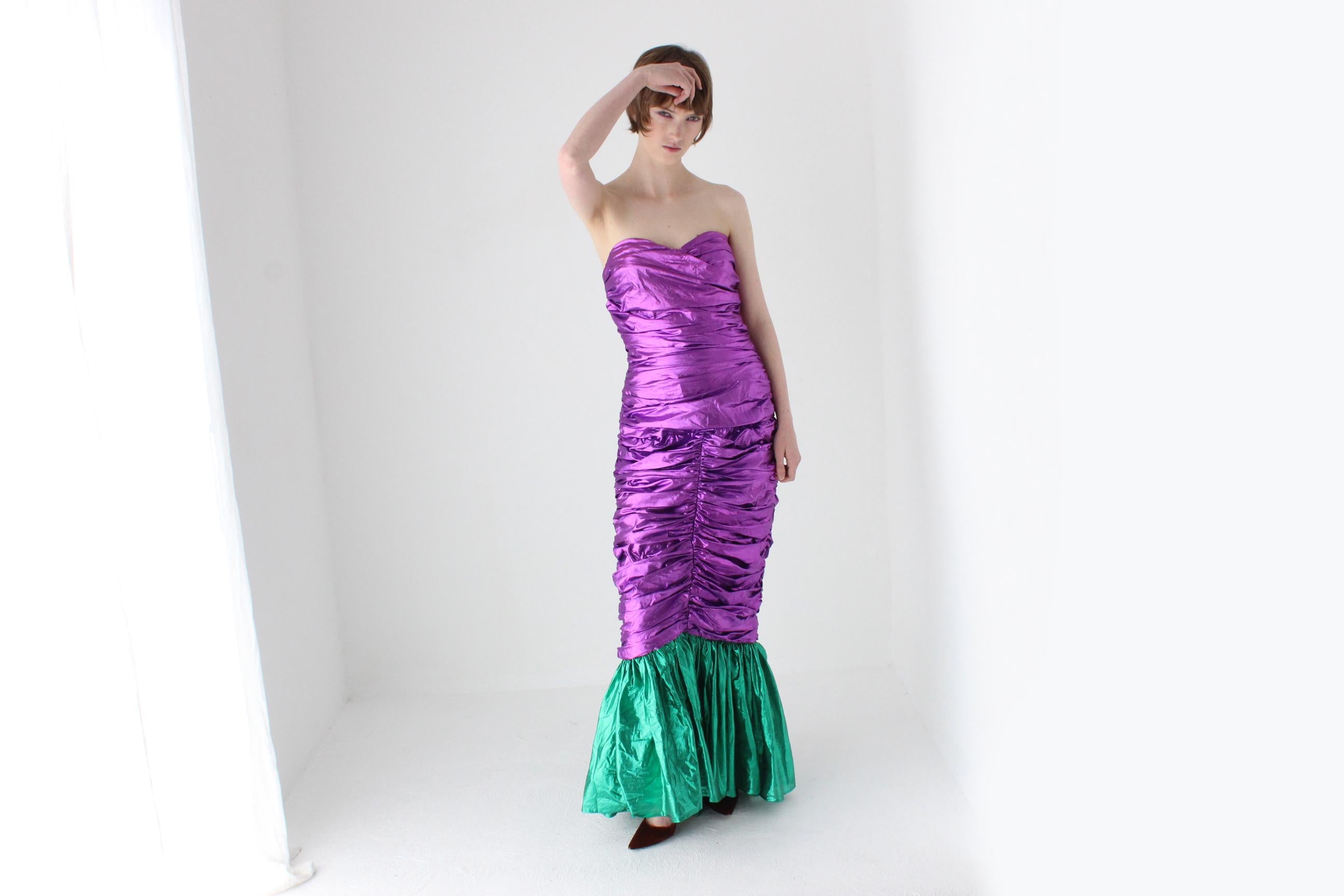 Outrageous 80s Metallic Purple Lamé Foil Strapless Party Dress