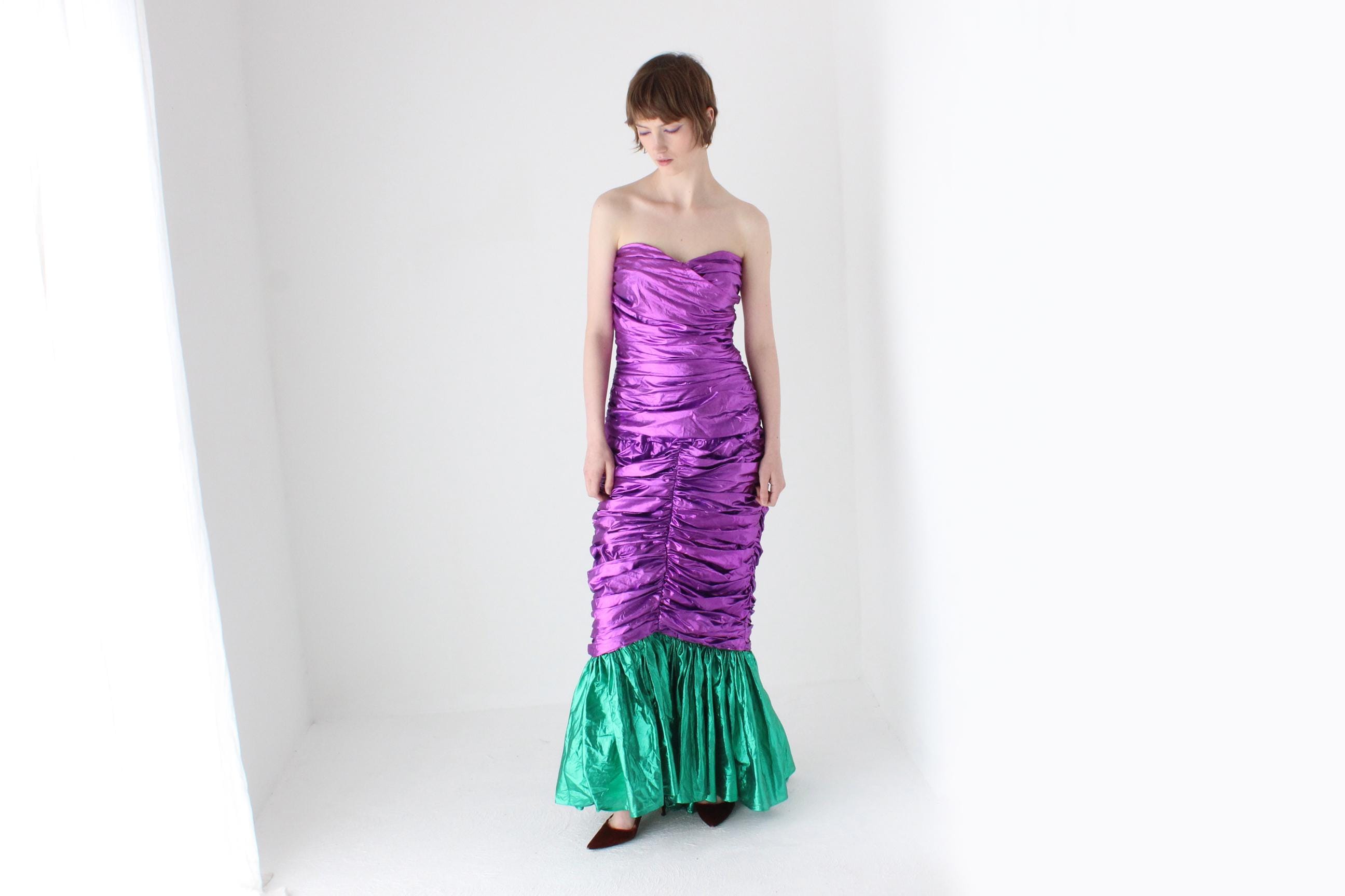 Outrageous 80s Metallic Purple Lamé Foil Strapless Party Dress