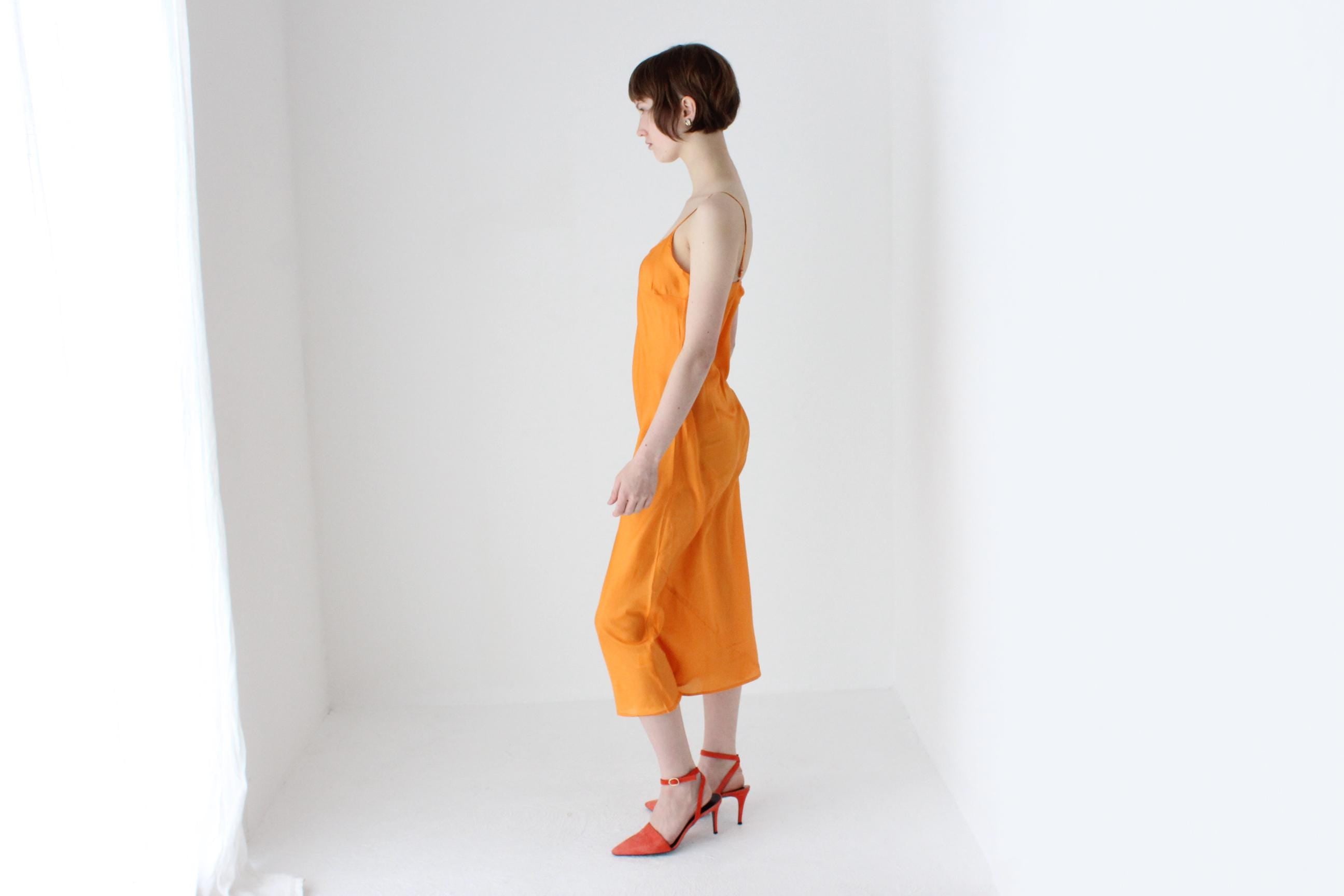90s Pure Silk Bias Cut Spaghetti Strap Slip Dress in Mandarin