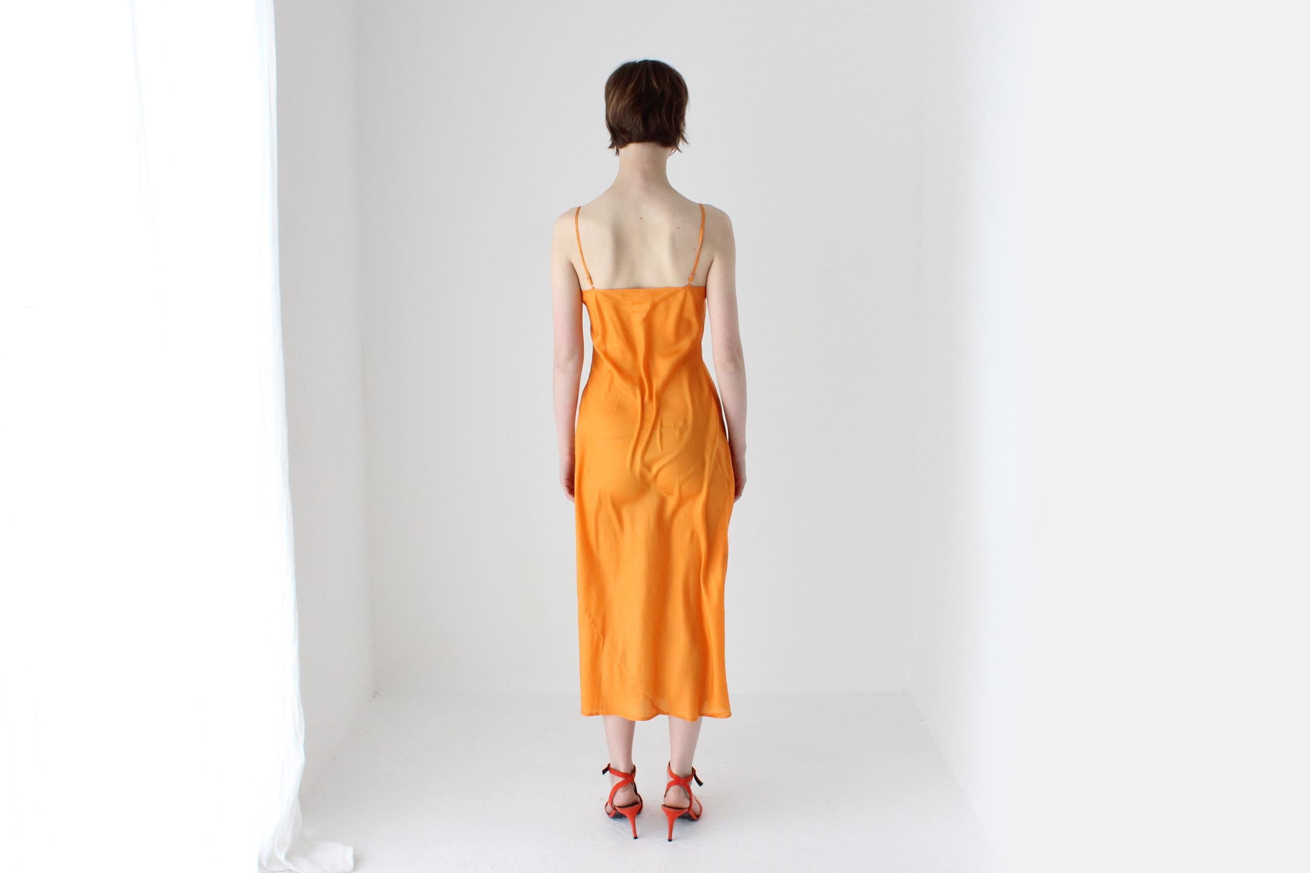 90s Pure Silk Bias Cut Spaghetti Strap Slip Dress in Mandarin