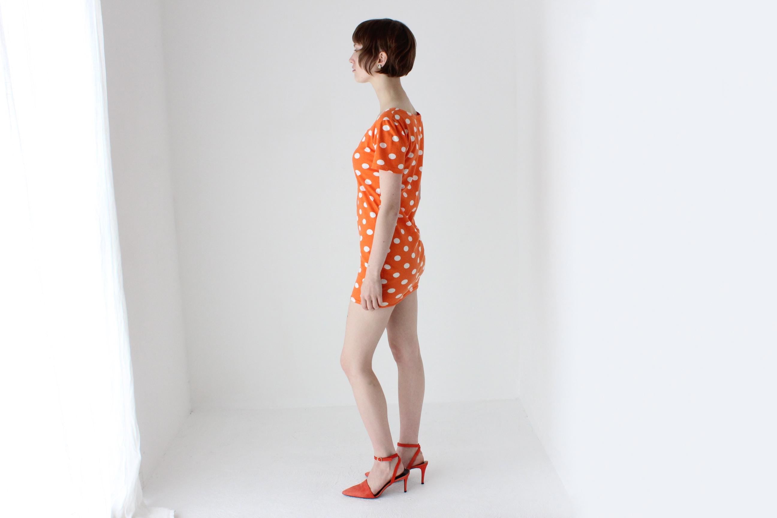 80s Orange Polka Dot Stretch Cotton Mini