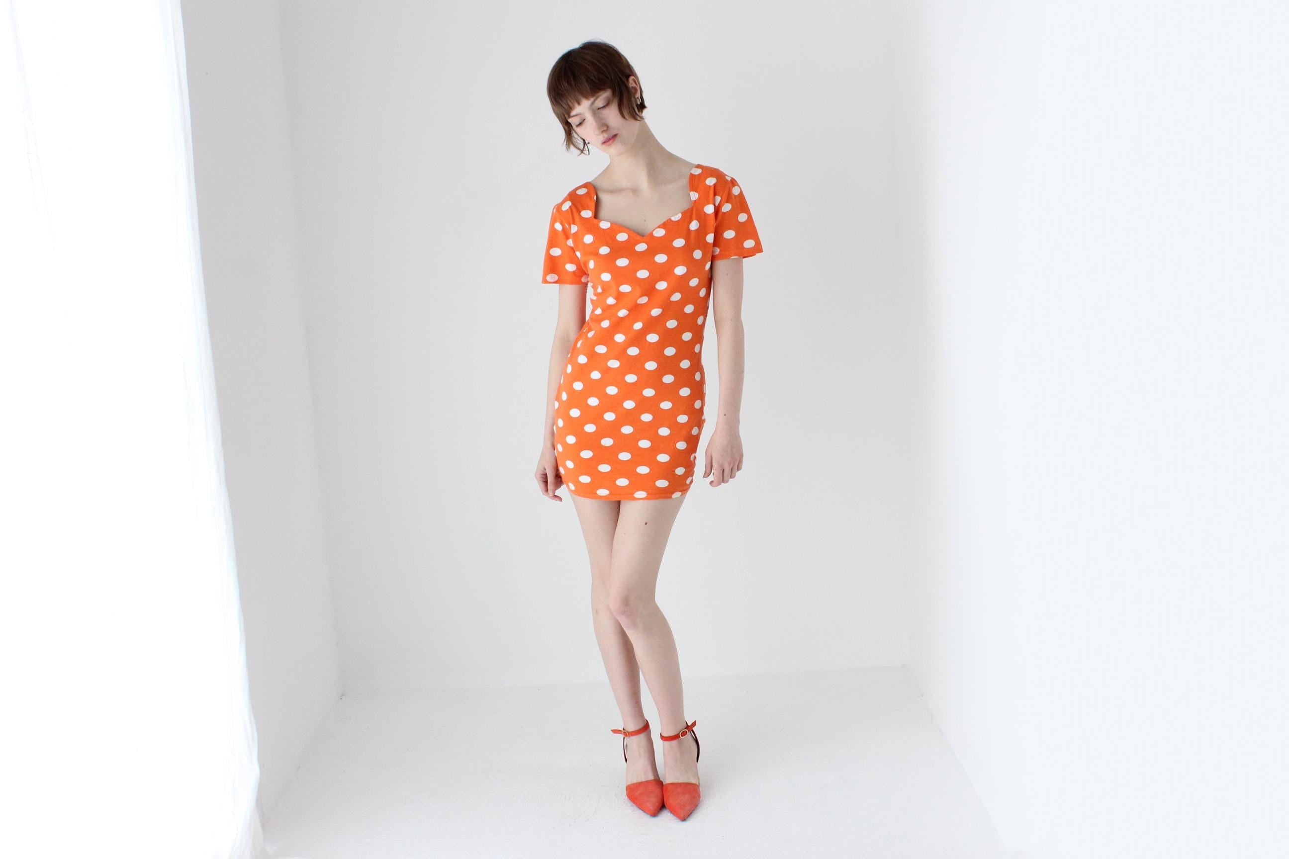 80s Orange Polka Dot Stretch Cotton Mini