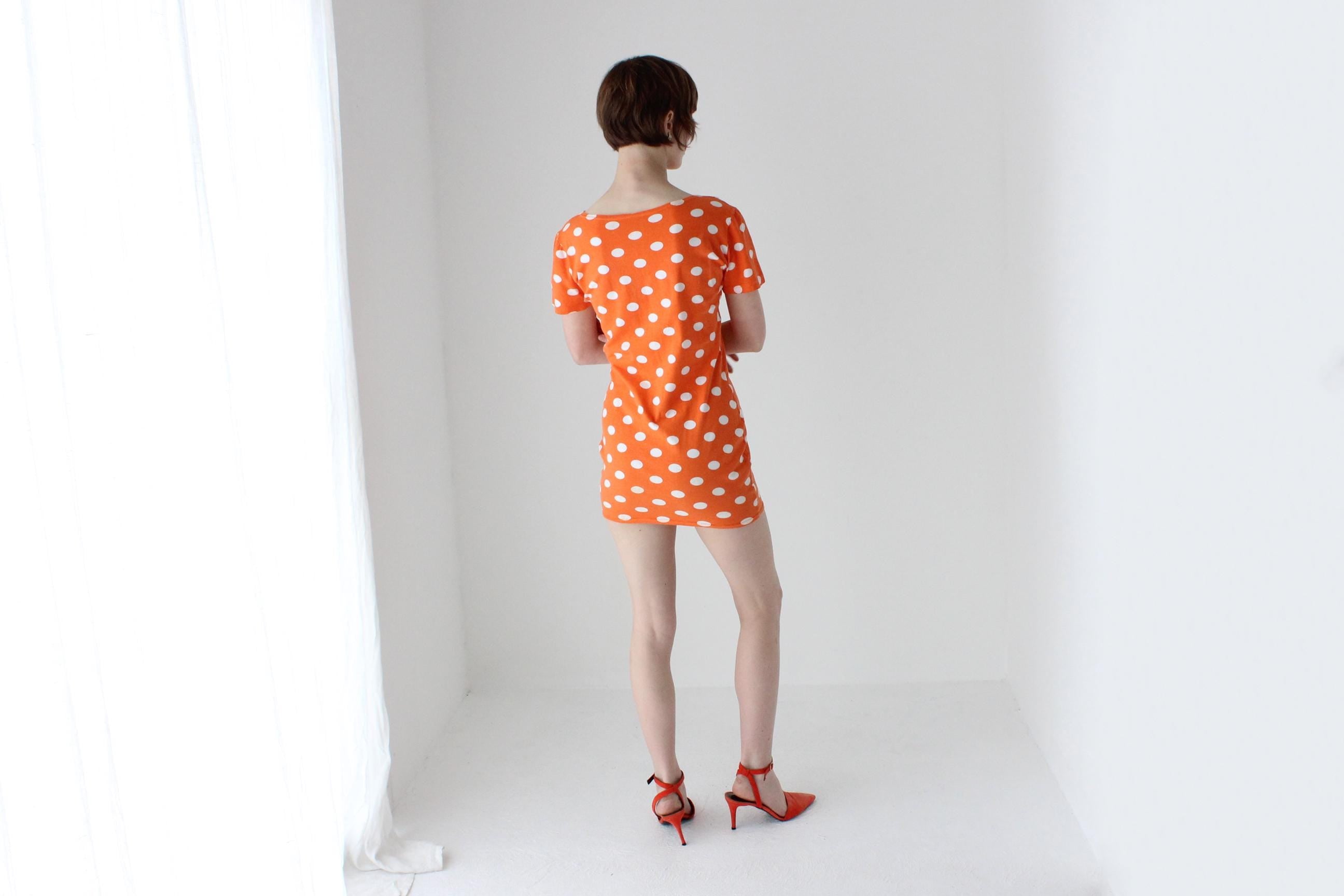 80s Orange Polka Dot Stretch Cotton Mini