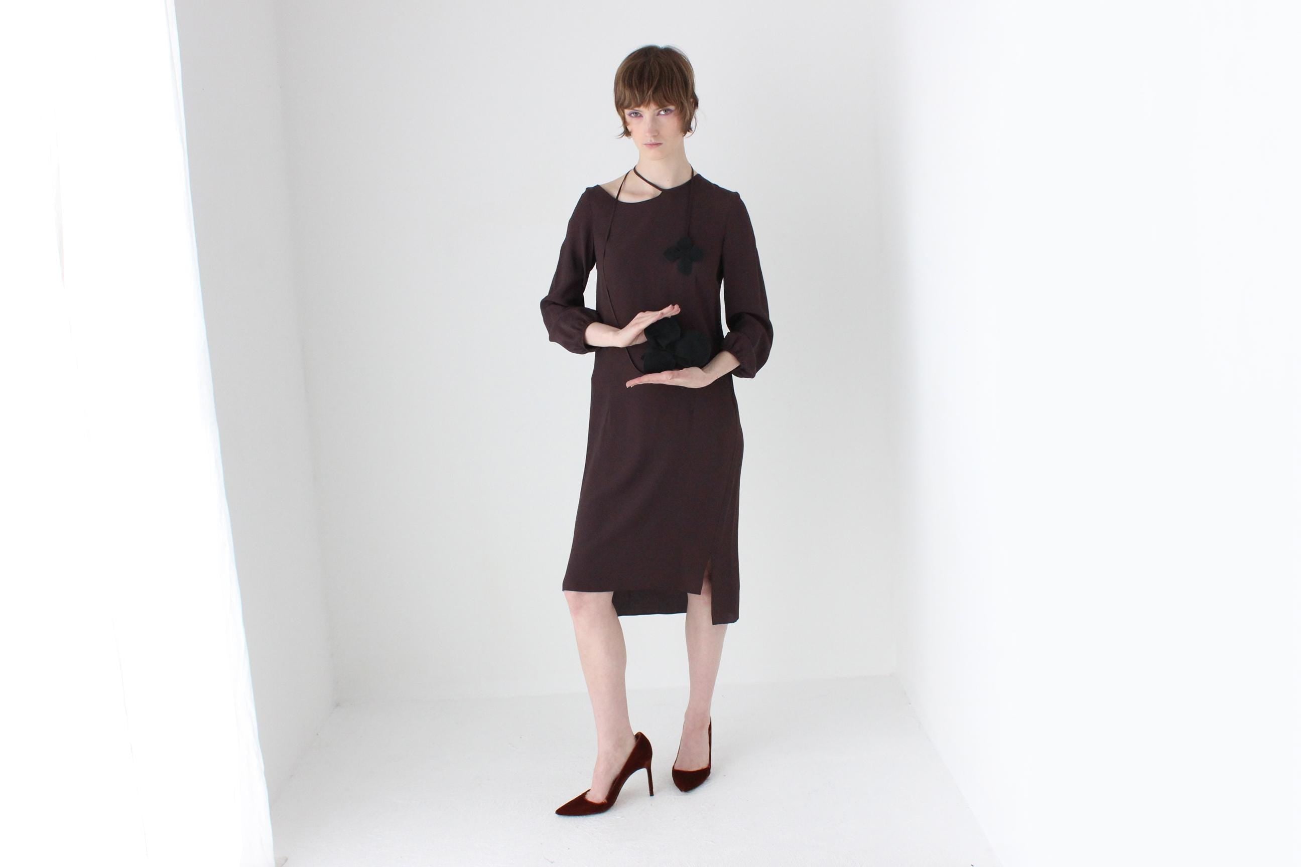 2000s Vintage Marni Silk Long Sleeve Dress w/ 3D Flower Ties