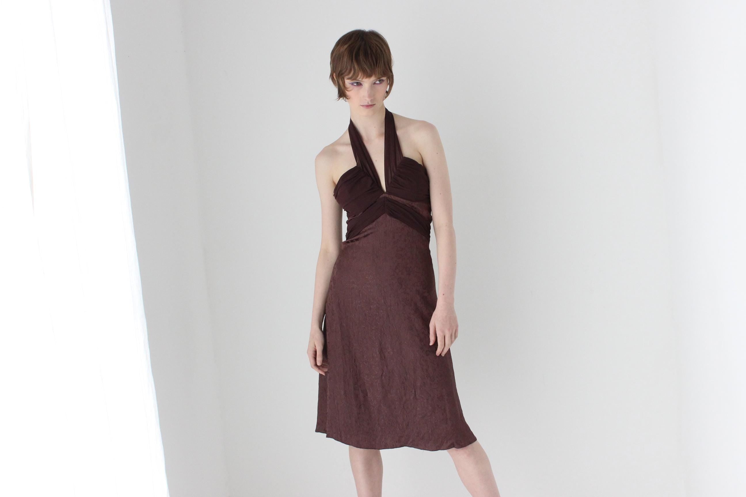 90s Satin & Chiffon Halter Neck A-Line Cocktail Party Dress
