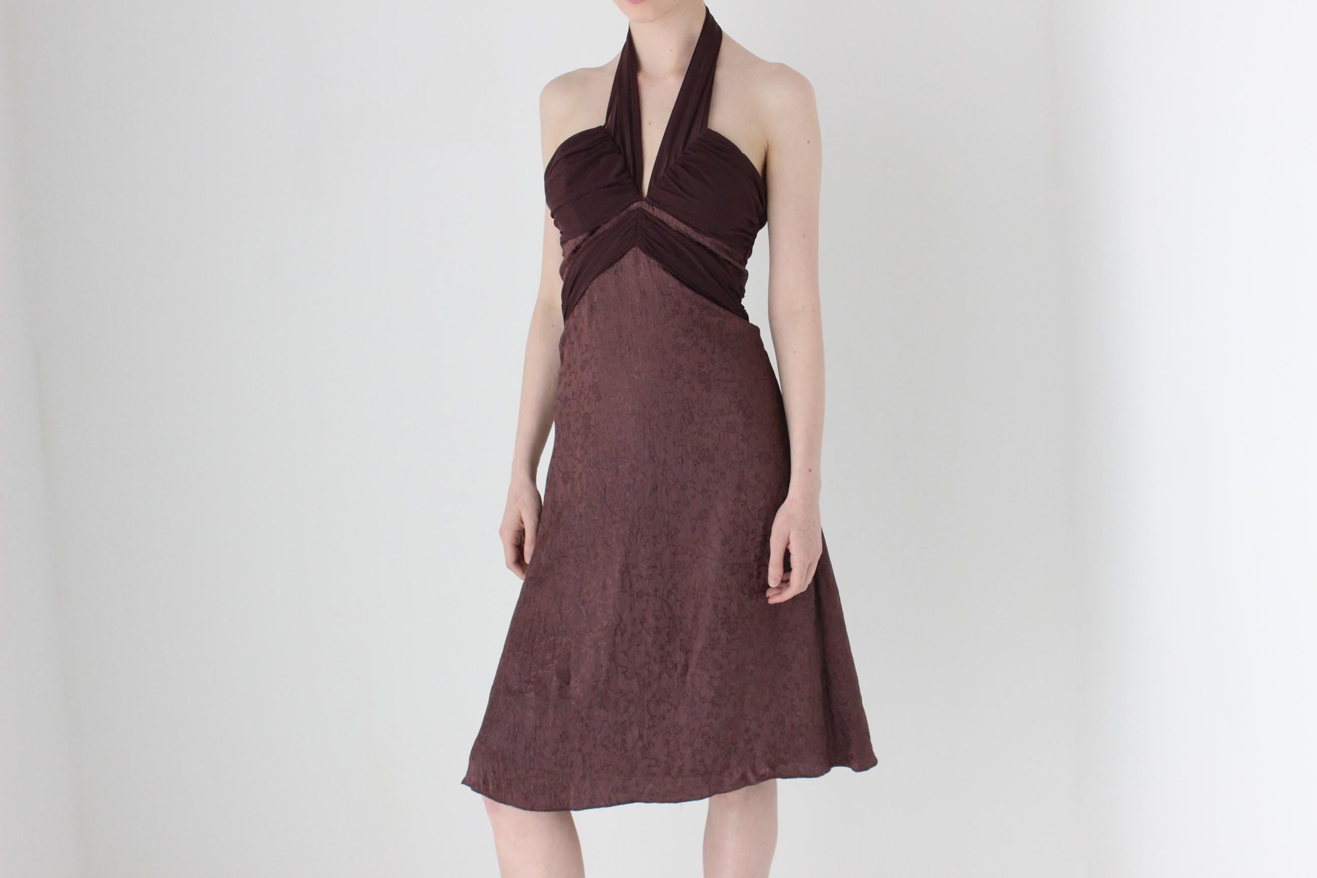 90s Satin & Chiffon Halter Neck A-Line Cocktail Party Dress