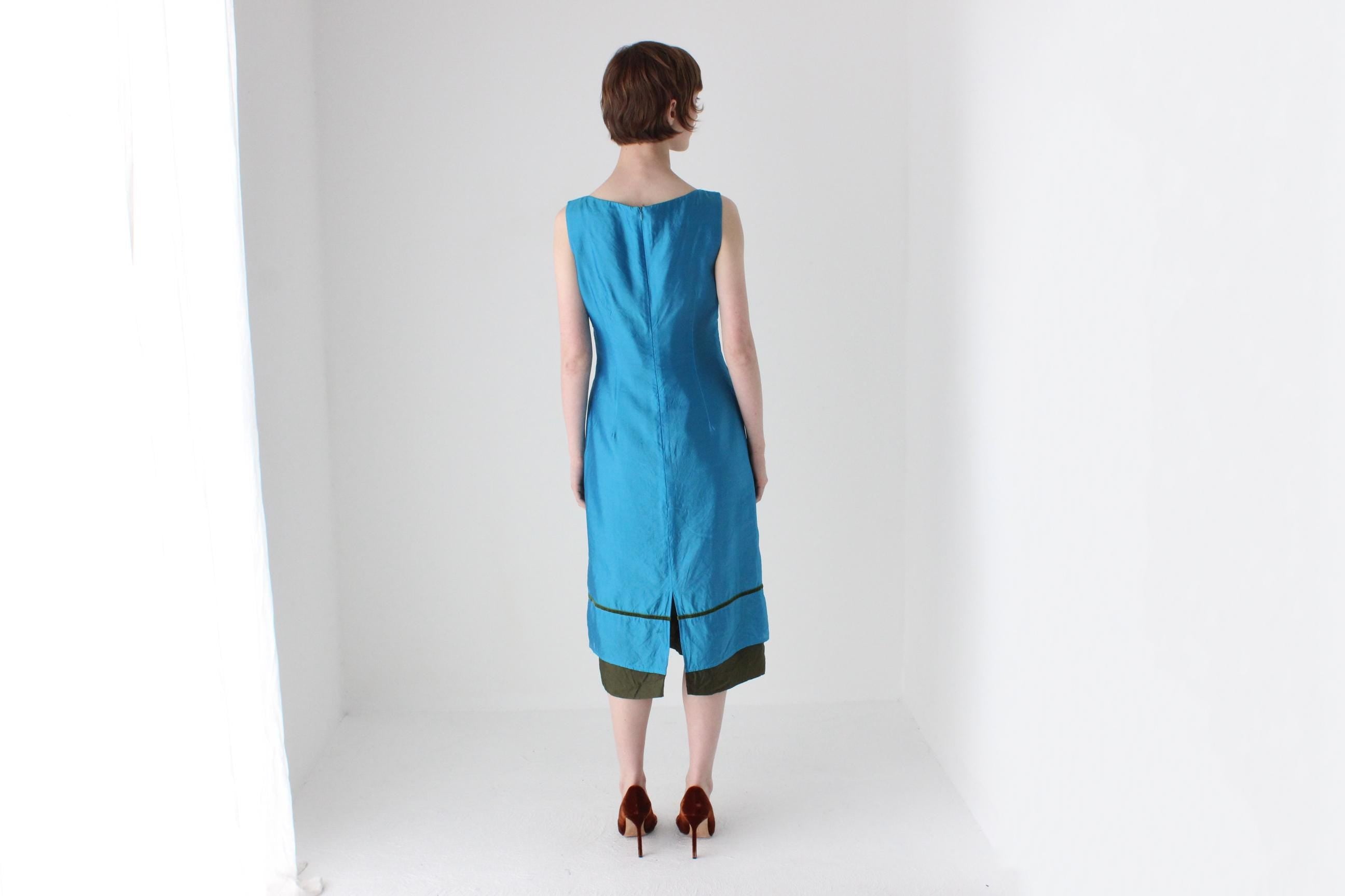 2000s Cerulean Silk High Neck Sheath Dress