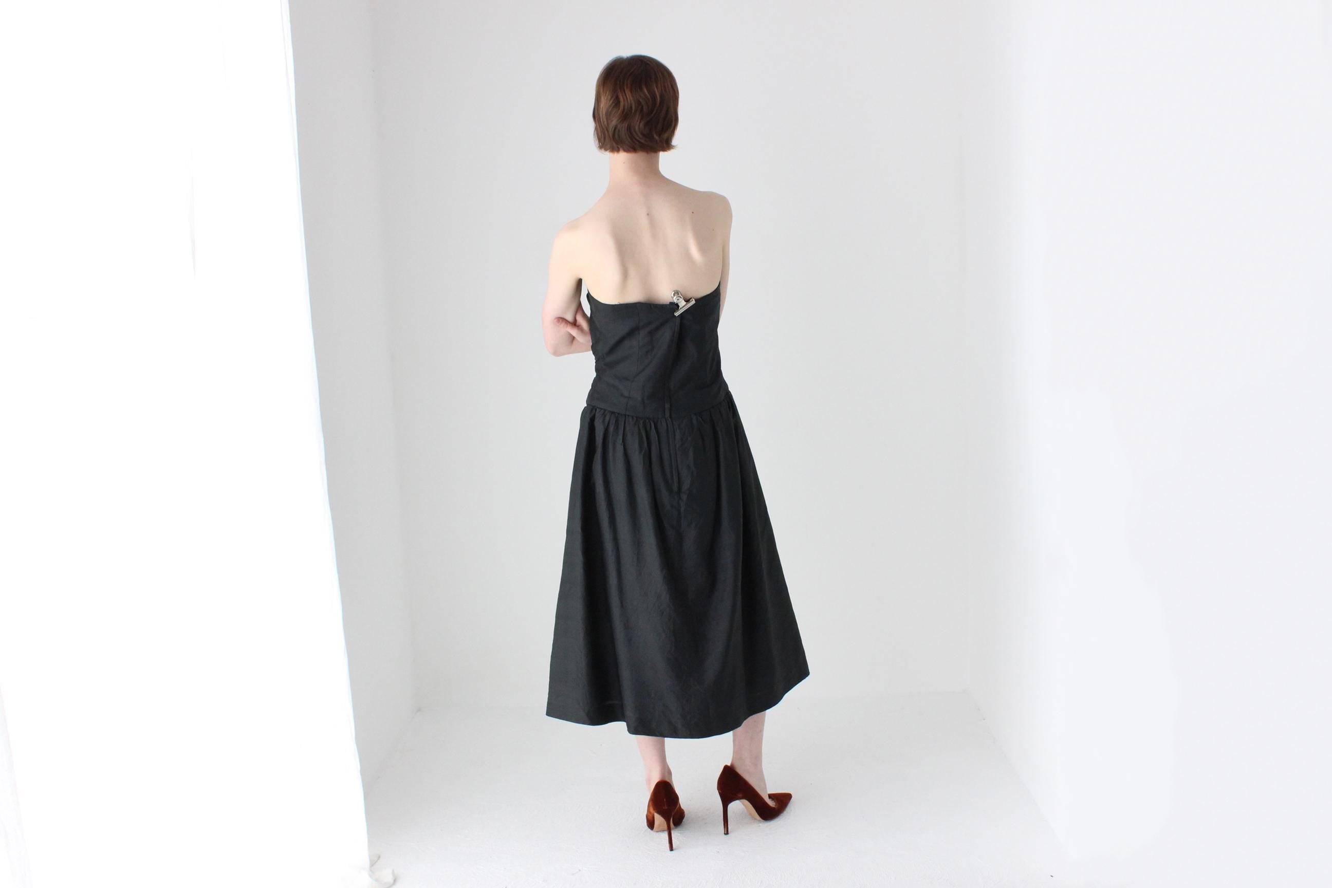 80s Thai Silk Gathered Texture Strapless Dress