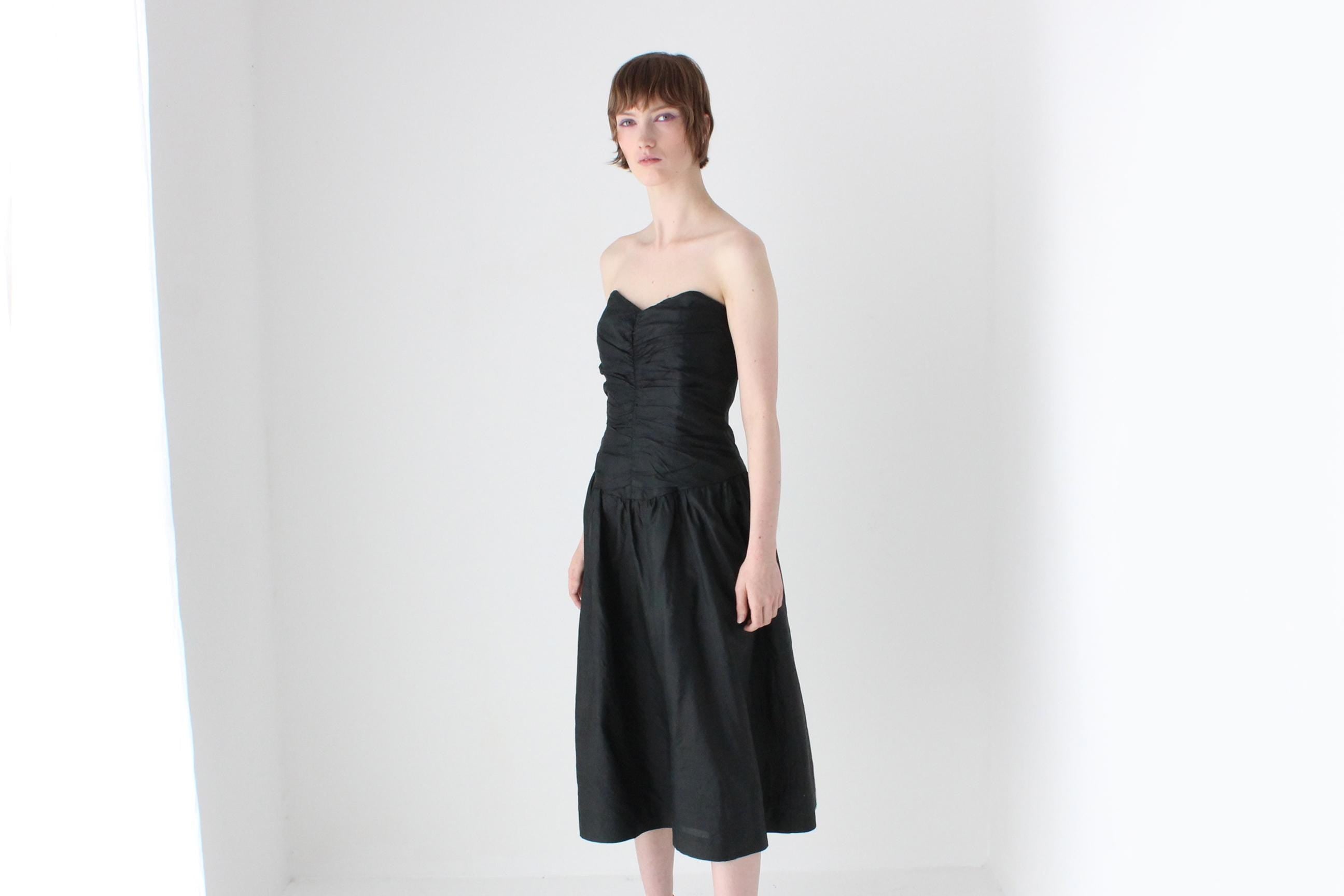 80s Thai Silk Gathered Texture Strapless Dress