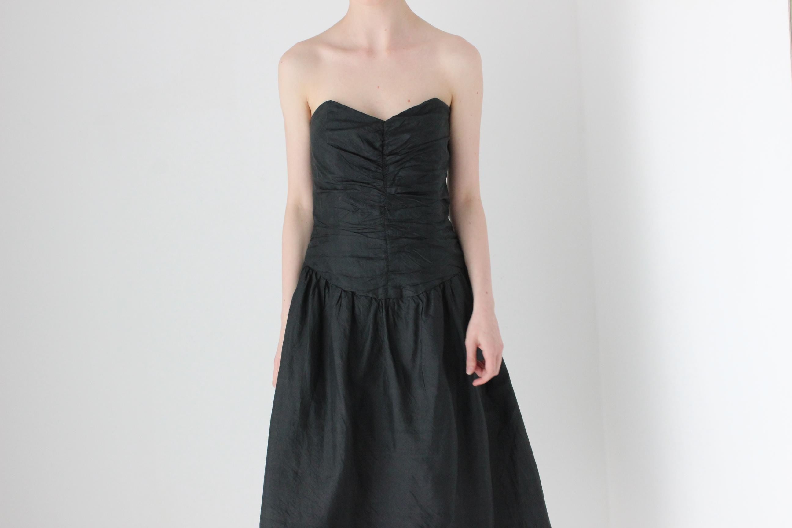 80s Thai Silk Gathered Texture Strapless Dress