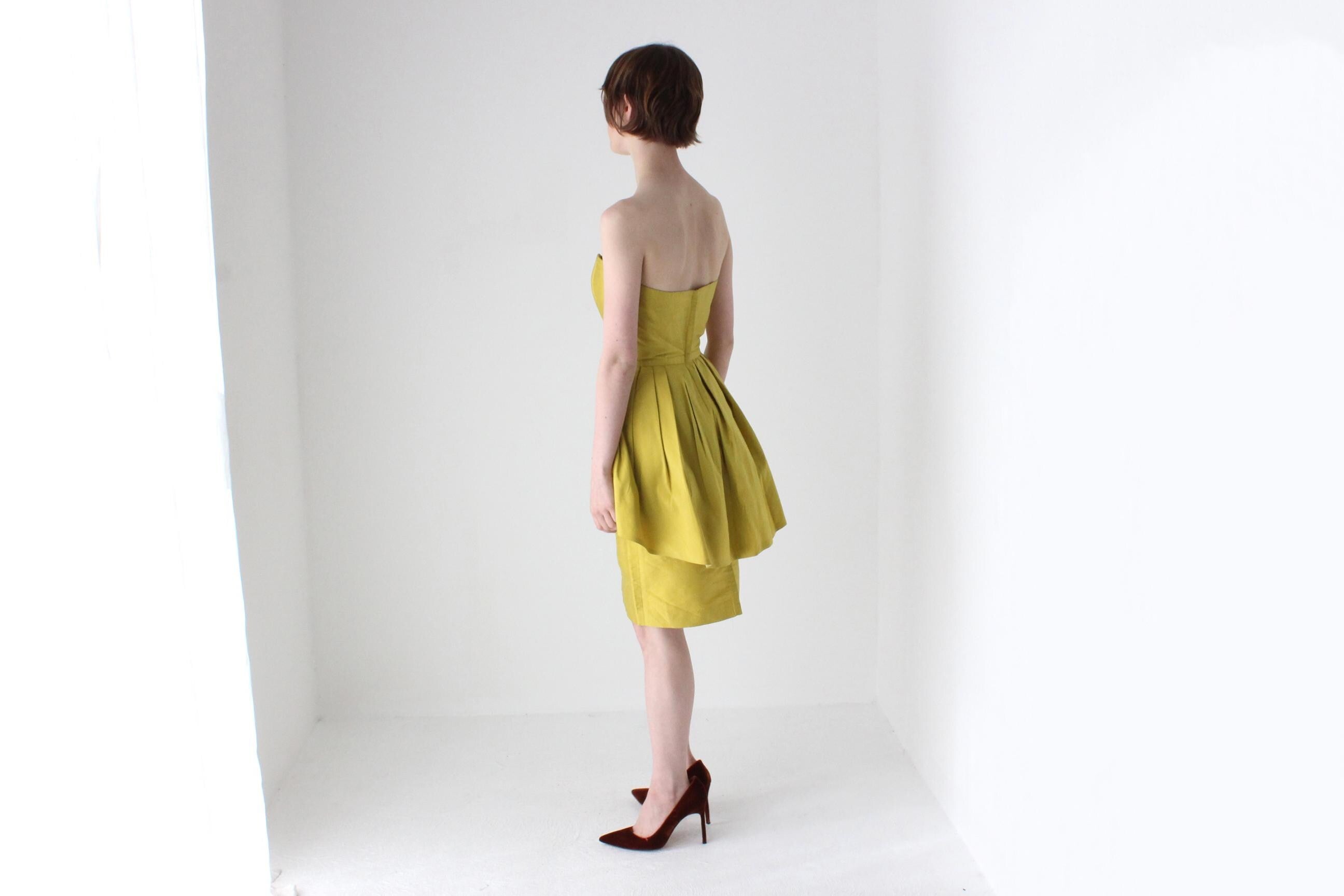 80s Raw Silk & Peplum Strapless Bustier Dress