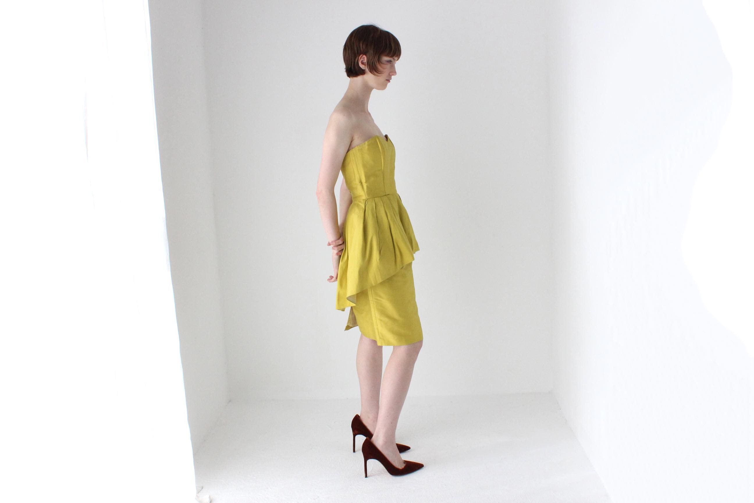 80s Raw Silk & Peplum Strapless Bustier Dress