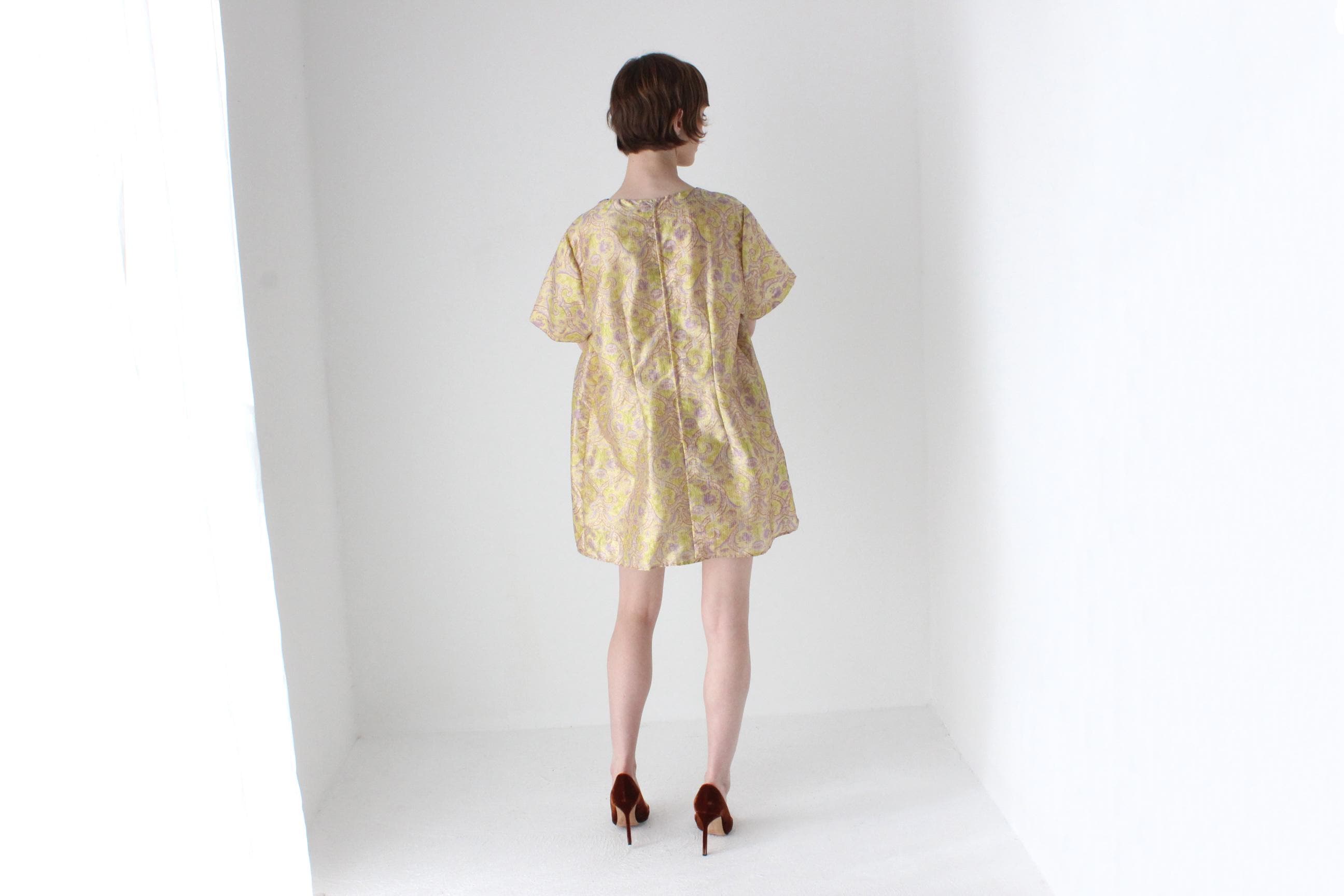 60s Printed Gold Glitter Lurex Mod Mini Party Dress