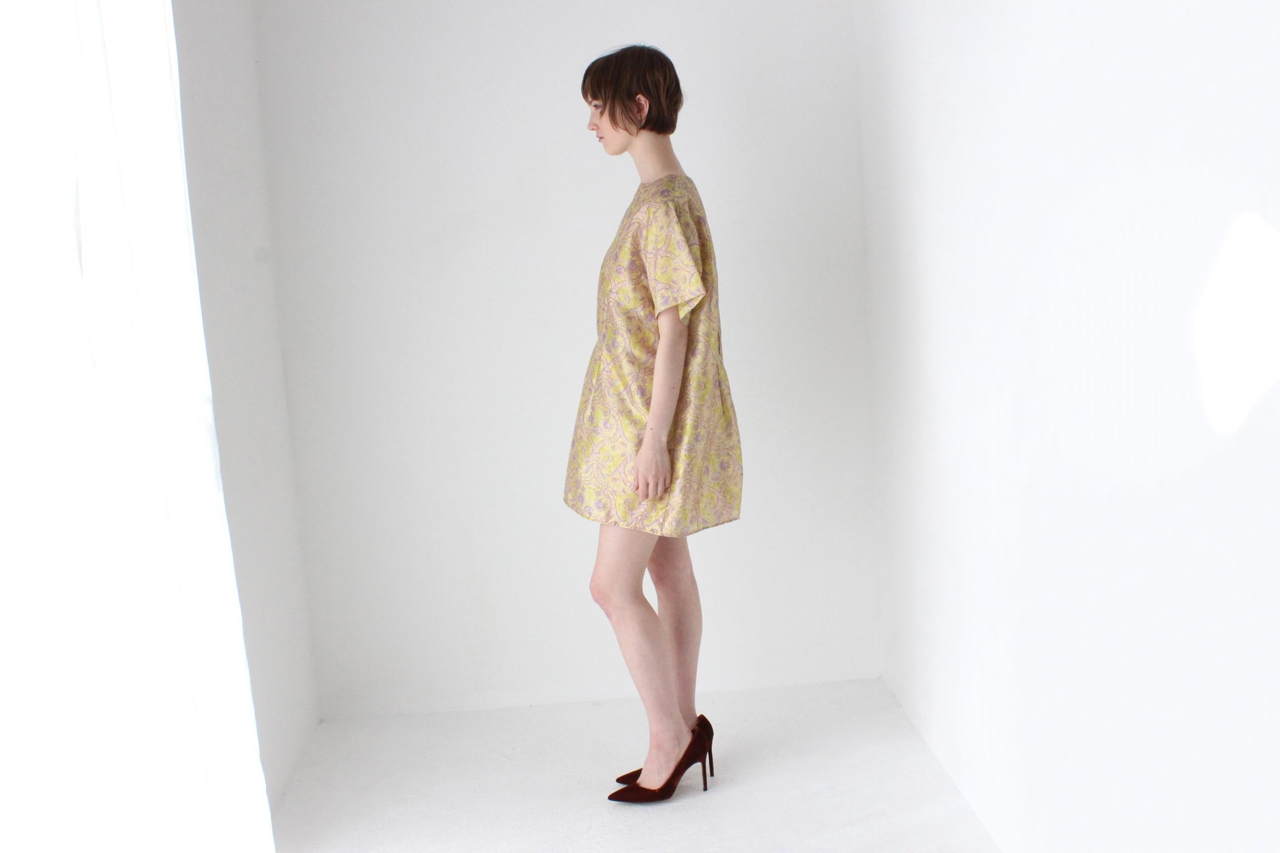 60s Printed Gold Glitter Lurex Mod Mini Party Dress