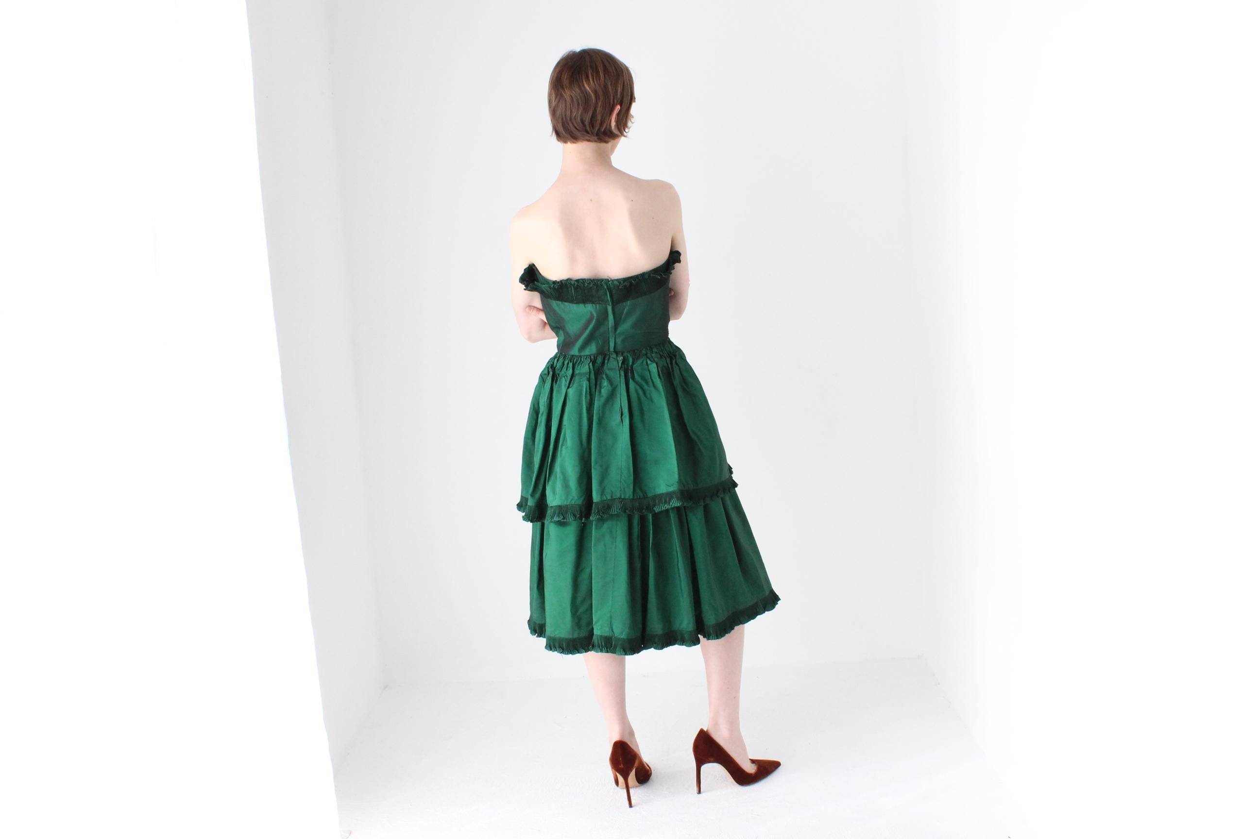 1980s Victor Costa Metallic Taffeta Tiered Ruffle Cocktail Dress