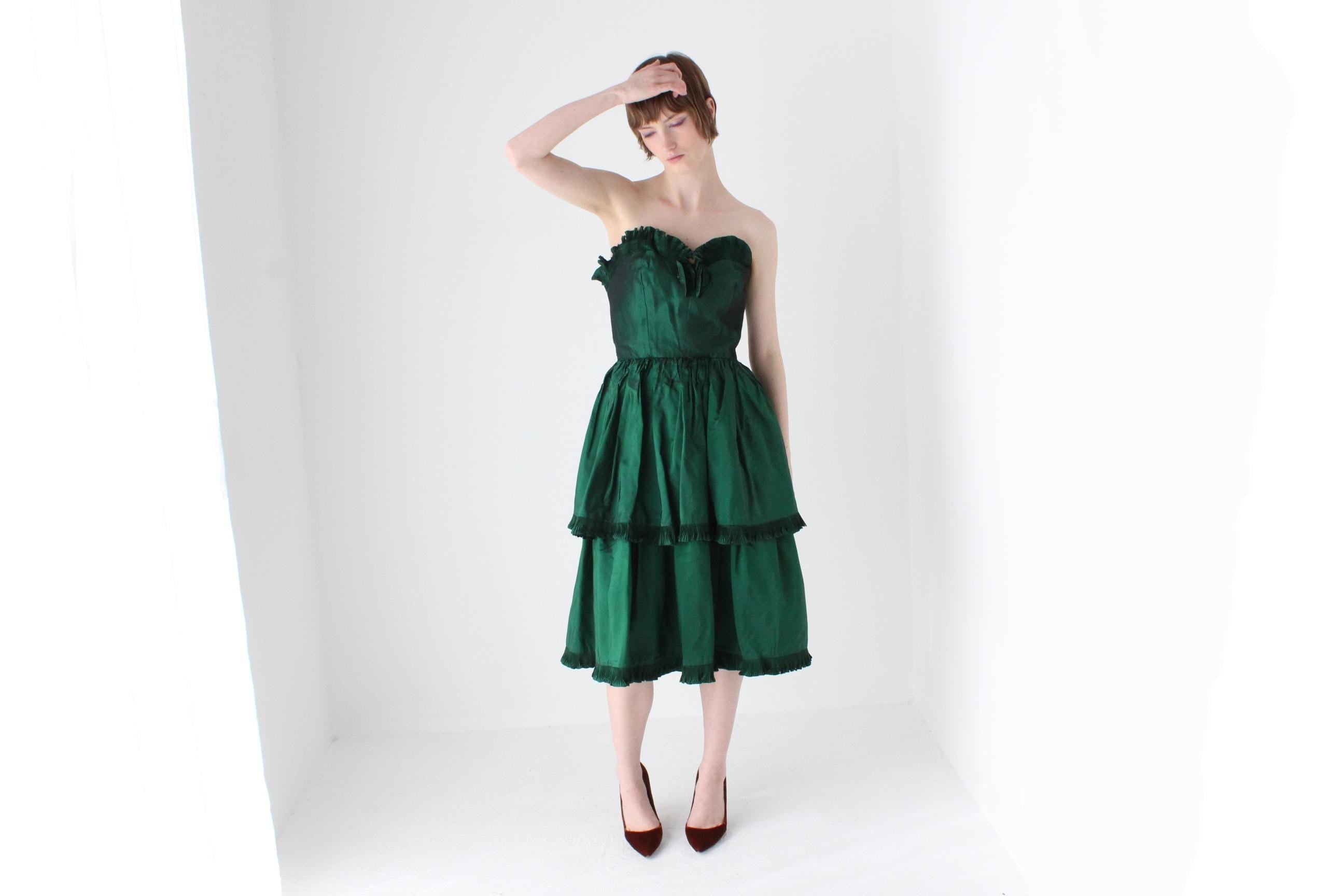 1980s Victor Costa Metallic Taffeta Tiered Ruffle Cocktail Dress