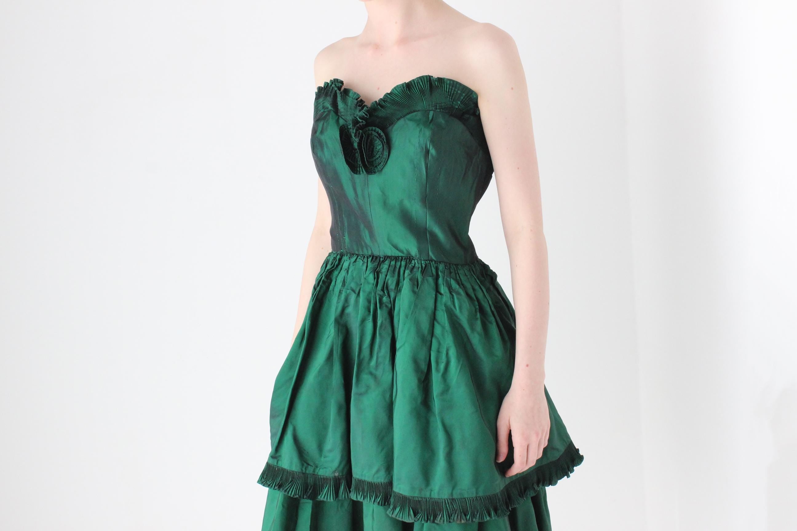 1980s Victor Costa Metallic Taffeta Tiered Ruffle Cocktail Dress