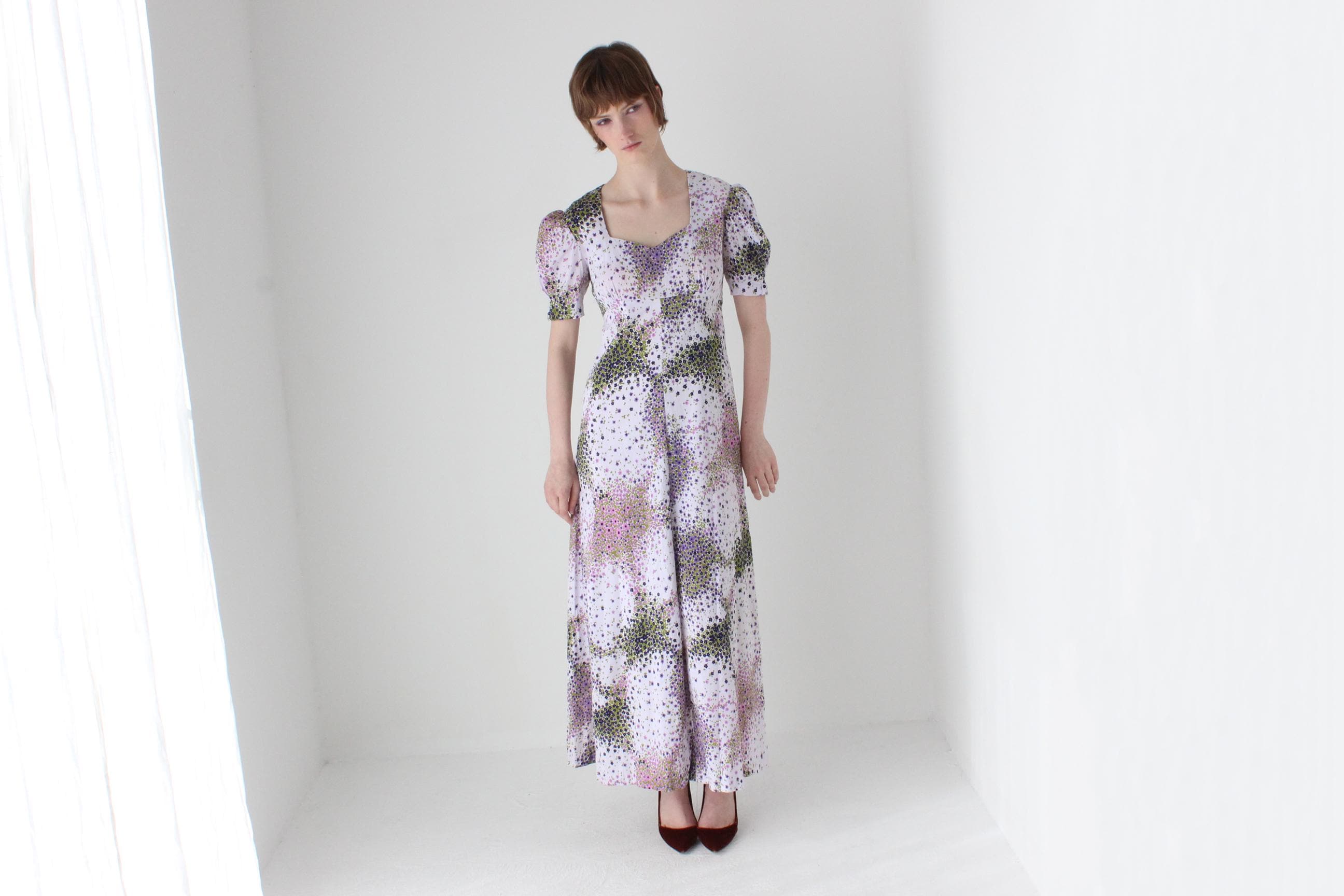Sweetest 70s Pastel Lilac Floral Cottagecore Dress