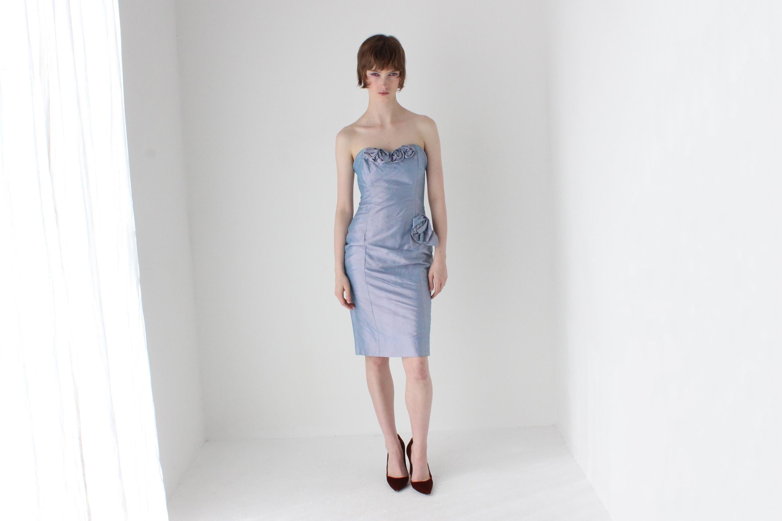 80s Raw Silk Matching Two Piece Rosette Dress & Lace Bolero Set