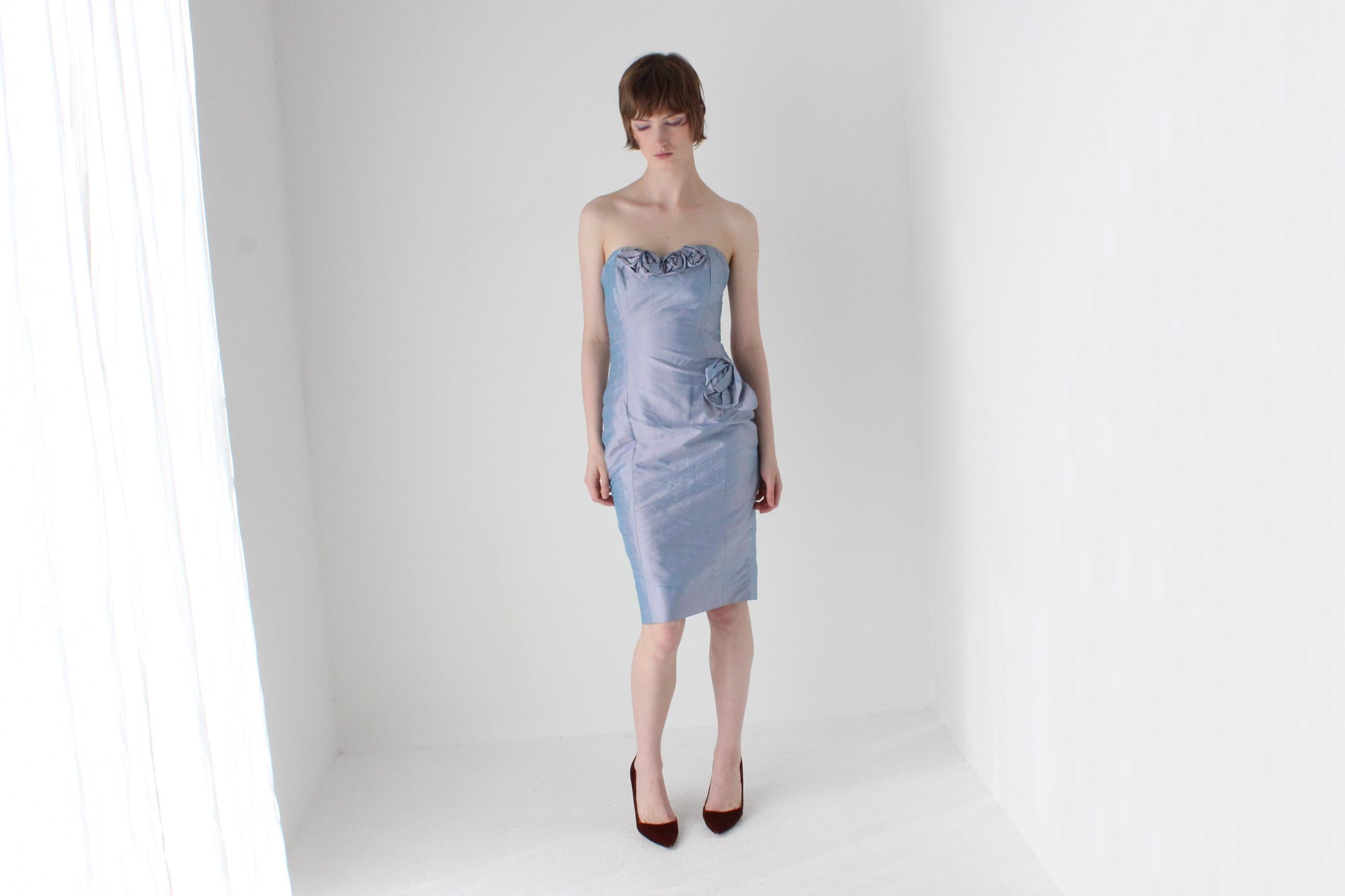 80s Raw Silk Matching Two Piece Rosette Dress & Lace Bolero Set
