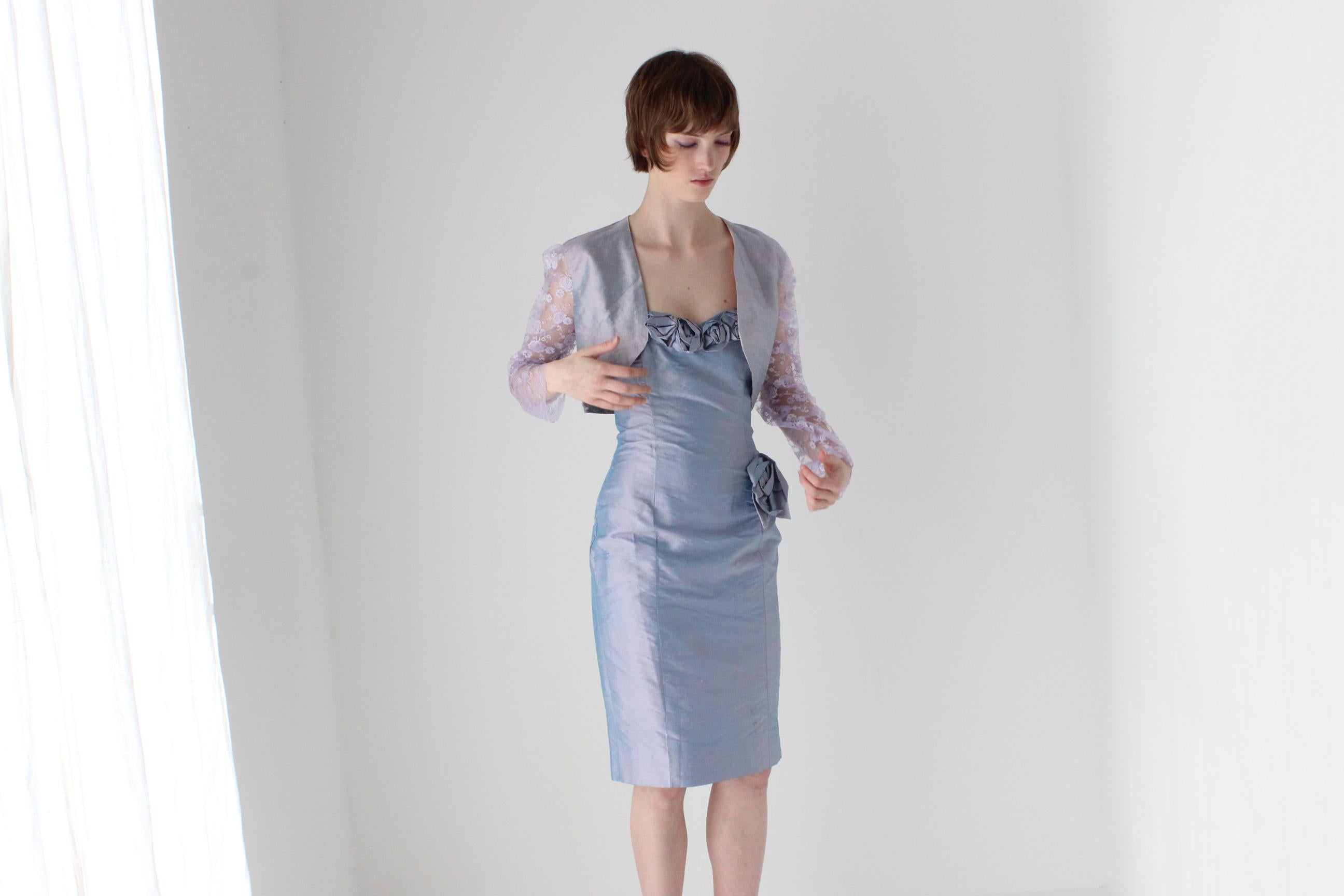 80s Raw Silk Matching Two Piece Rosette Dress & Lace Bolero Set