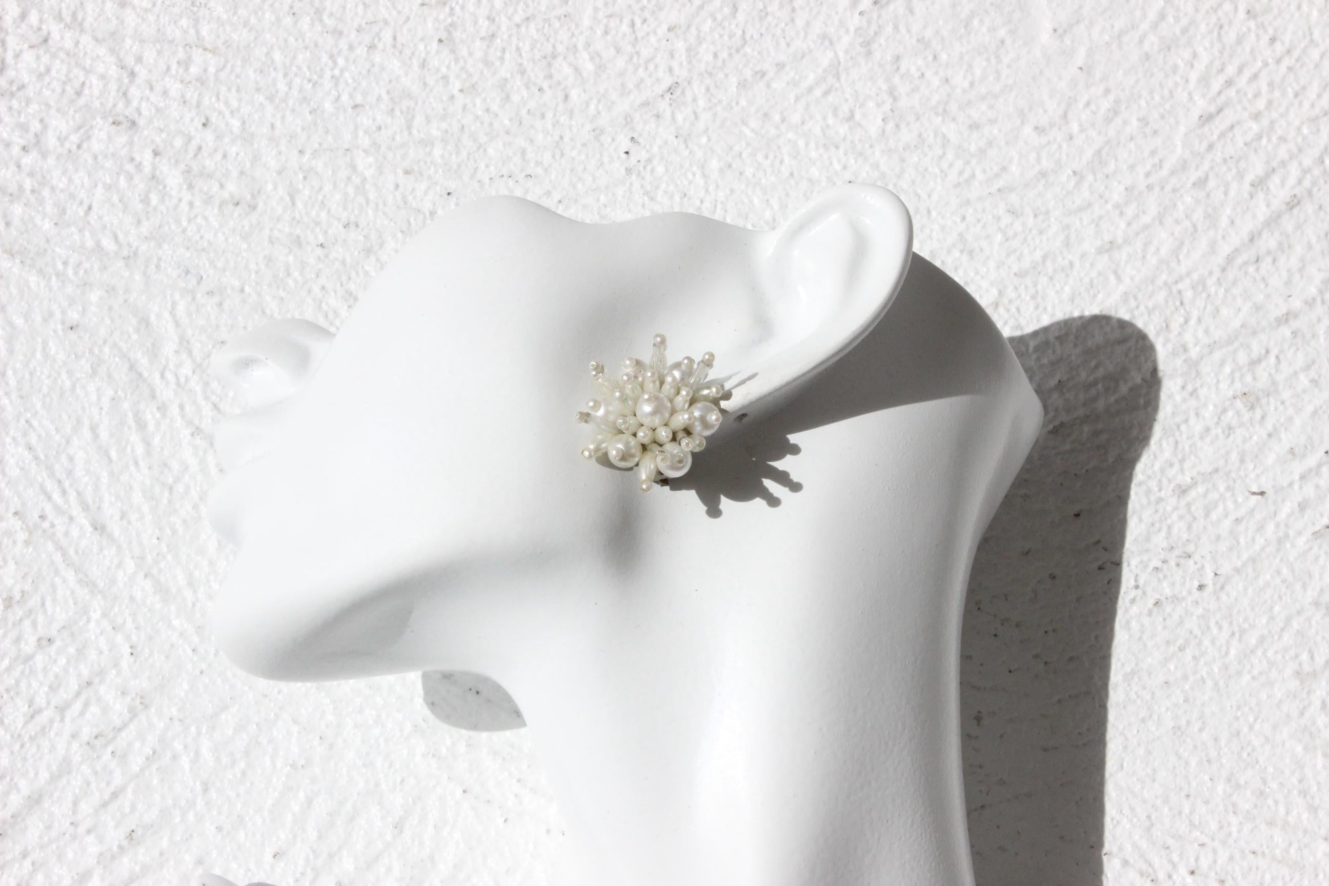 60s Baroque Pearl 'Flower' Cluster Clip On Wedding Earrings
