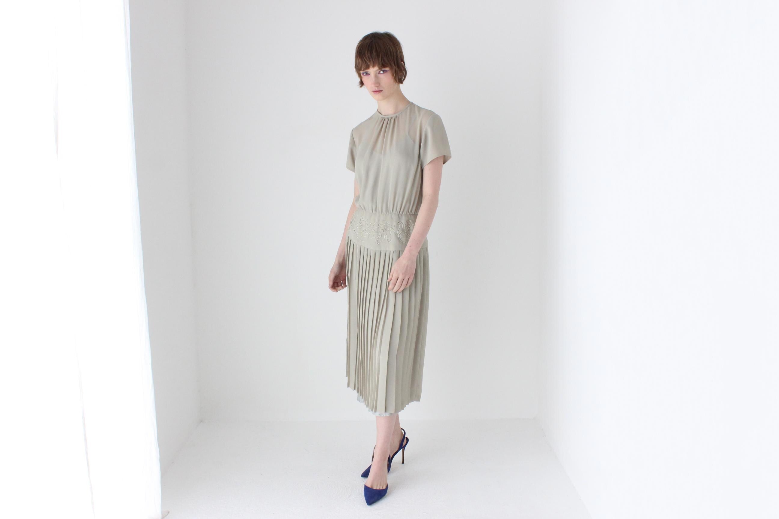 80s Australian Vintage Elegant Sheer Sage Drop Waist Pleated Peplum Dress
