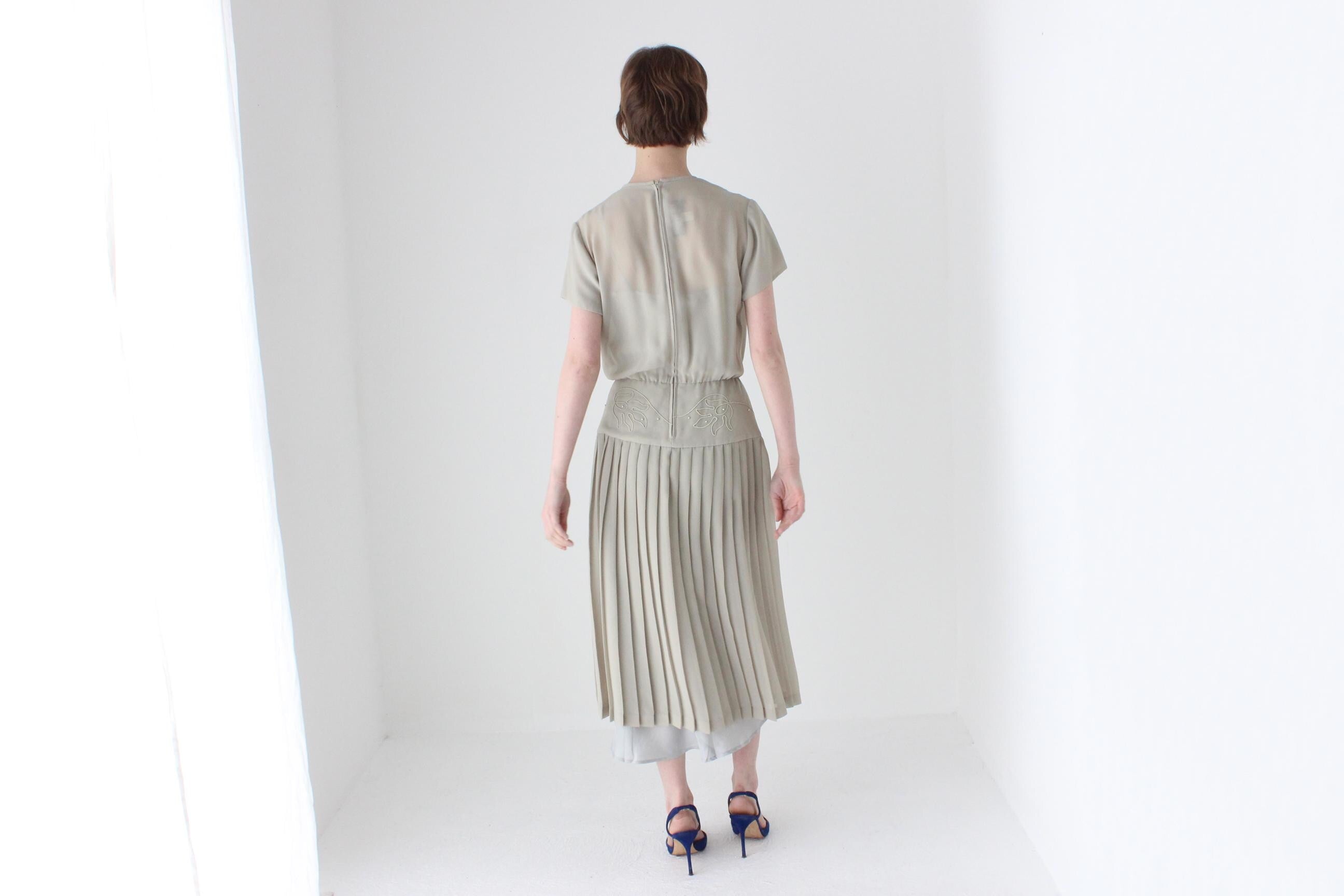 80s Australian Vintage Elegant Sheer Sage Drop Waist Pleated Peplum Dress