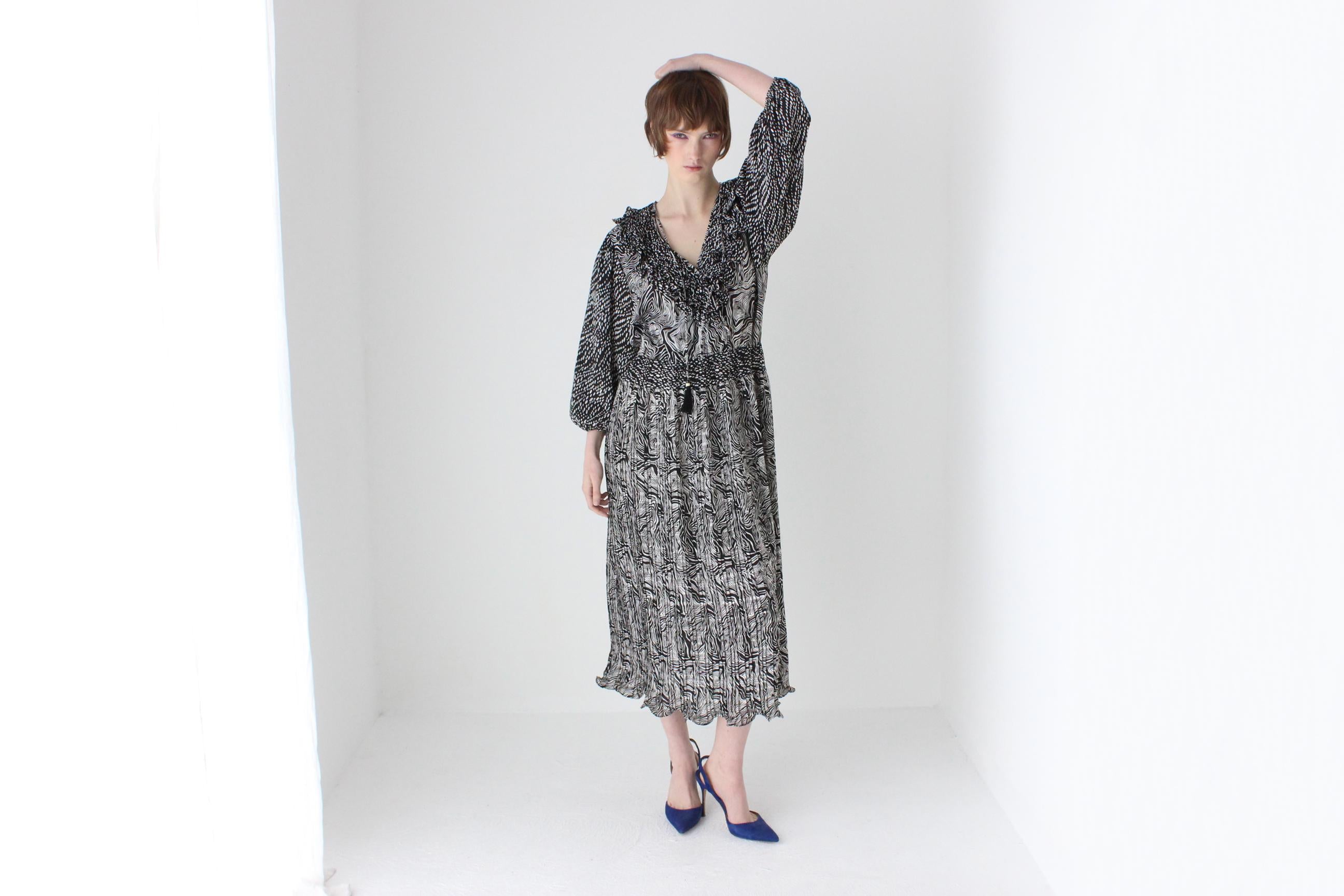 80s Designer Diane Freis Monochrome Black & White Puff Dress