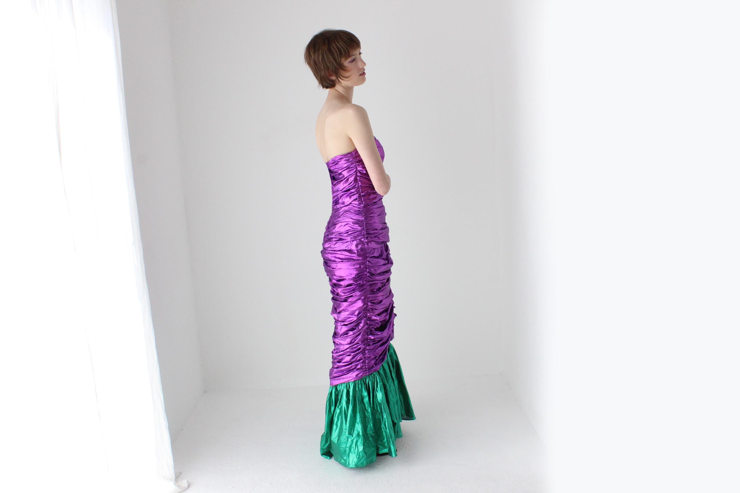 Outrageous 80s Metallic Purple Lamé Foil Strapless Party Dress