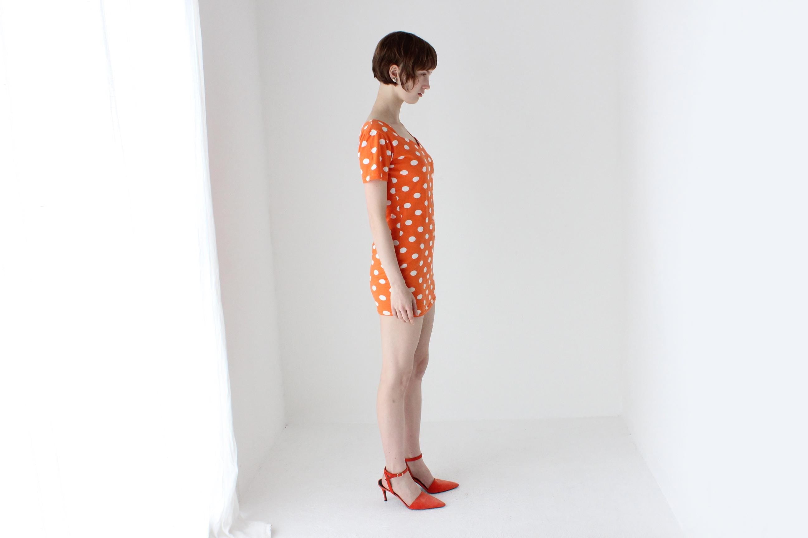 80s Orange Polka Dot Stretch Cotton Mini