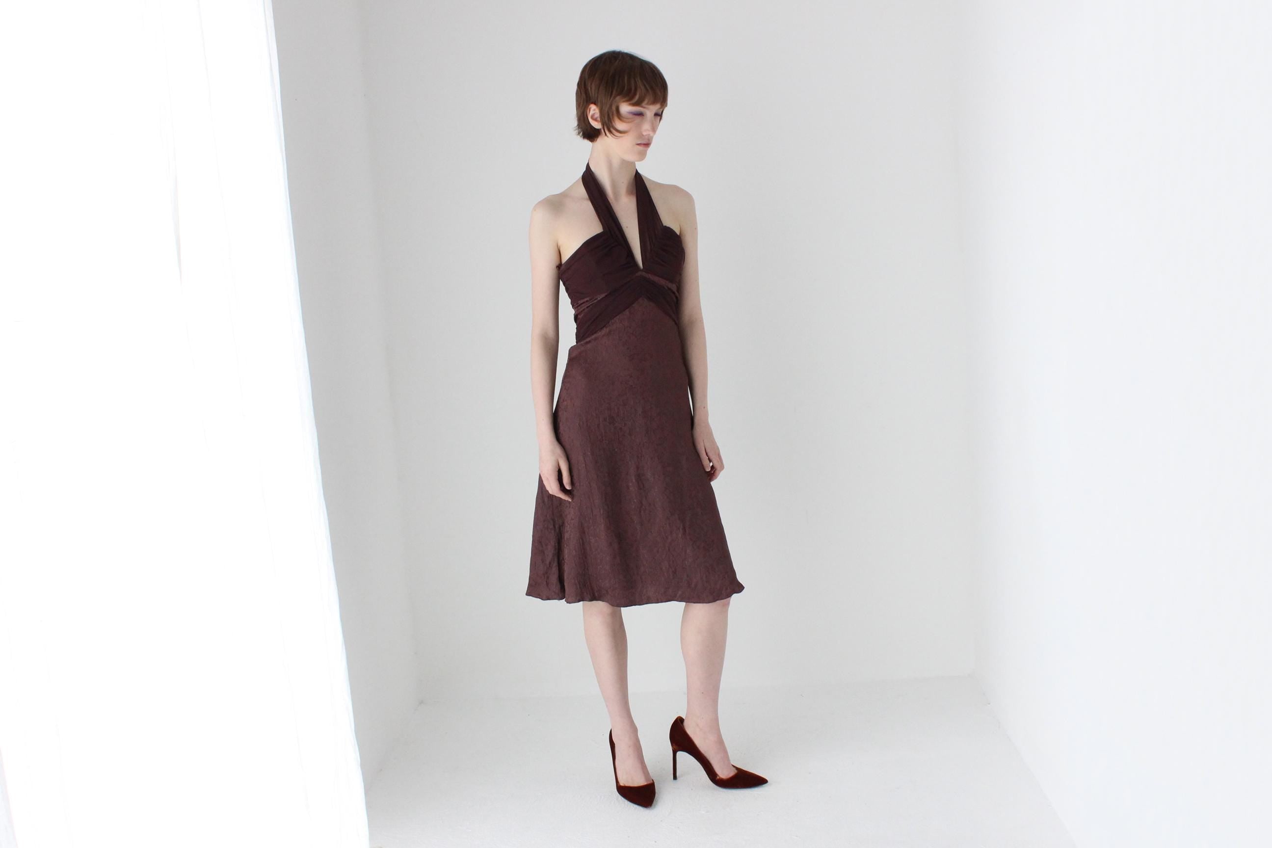 90s Satin & Chiffon Halter Neck A-Line Cocktail Party Dress