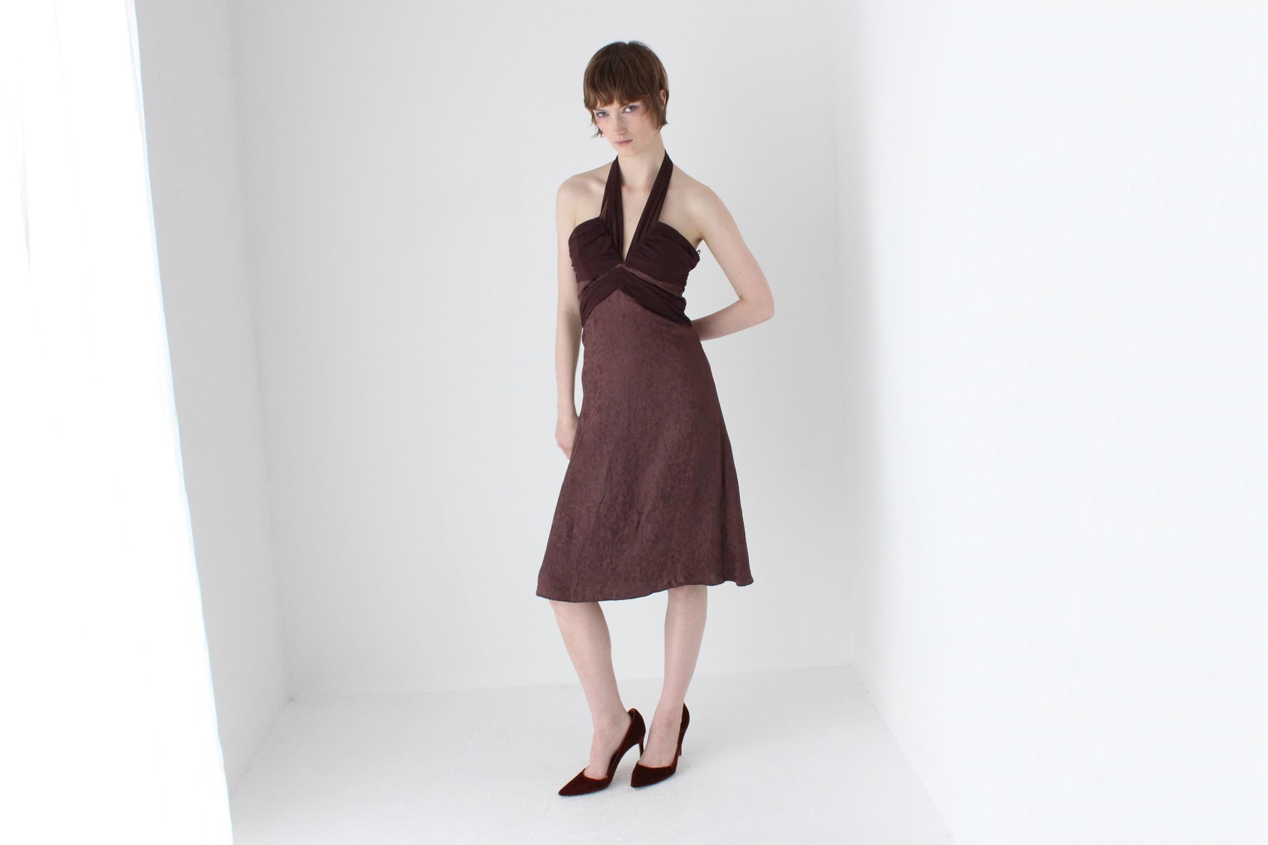 90s Satin & Chiffon Halter Neck A-Line Cocktail Party Dress
