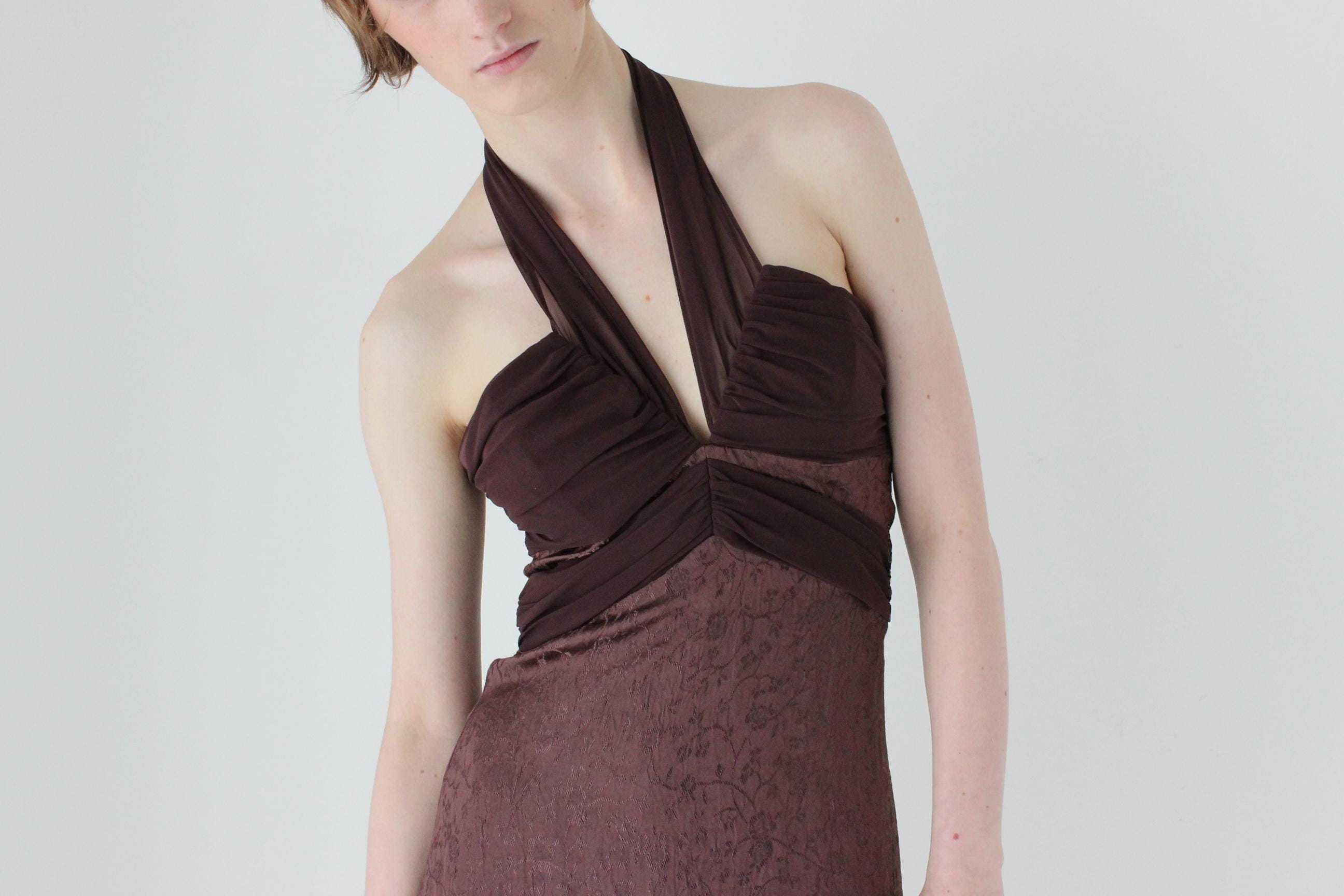90s Satin & Chiffon Halter Neck A-Line Cocktail Party Dress