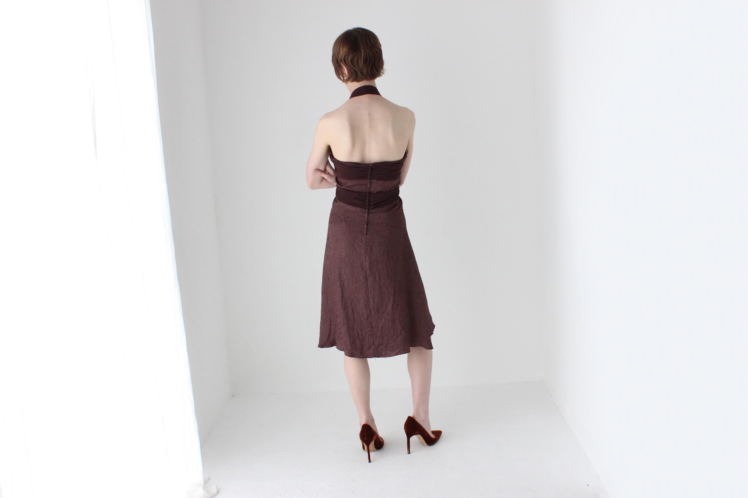 90s Satin & Chiffon Halter Neck A-Line Cocktail Party Dress