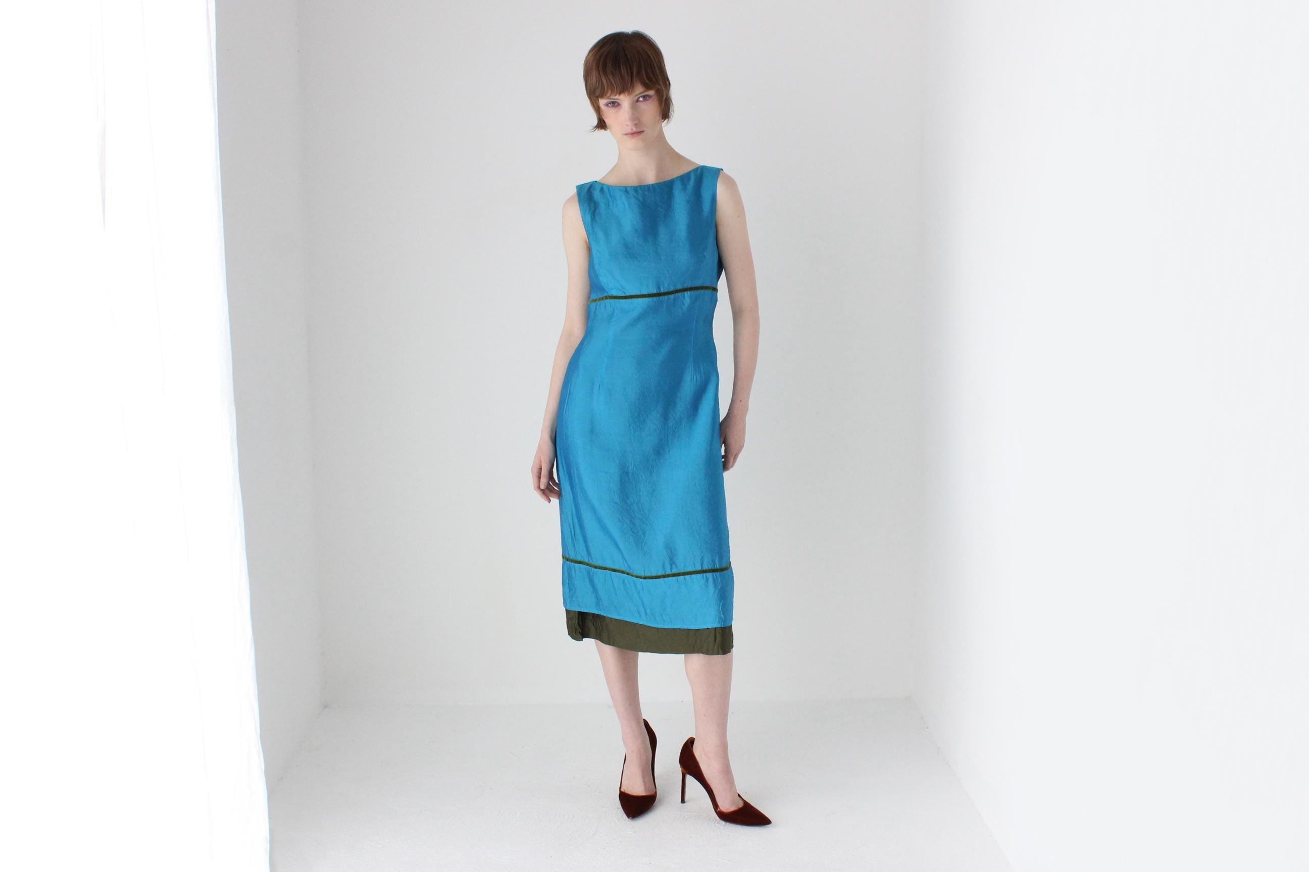 2000s Cerulean Silk High Neck Sheath Dress