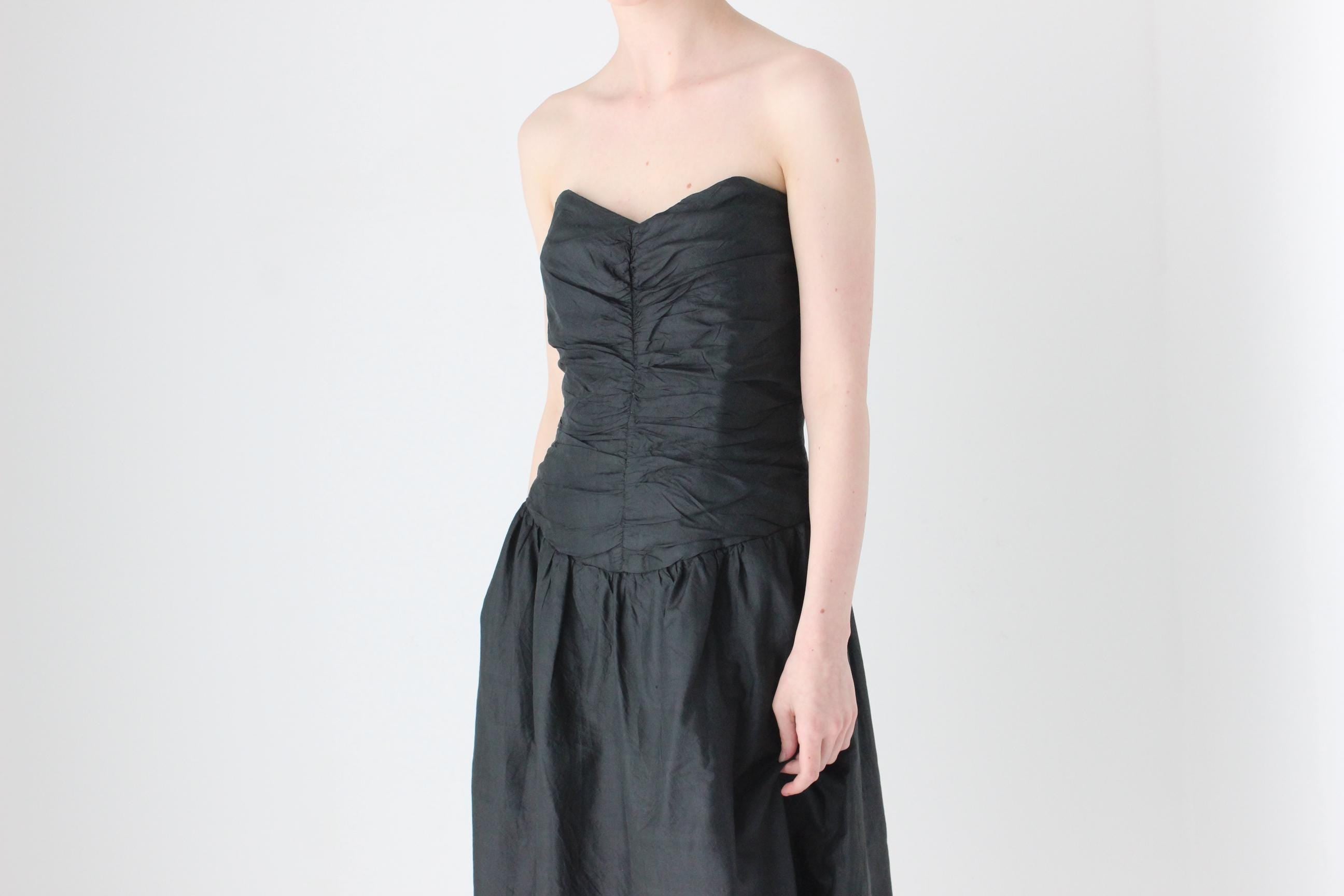 80s Thai Silk Gathered Texture Strapless Dress