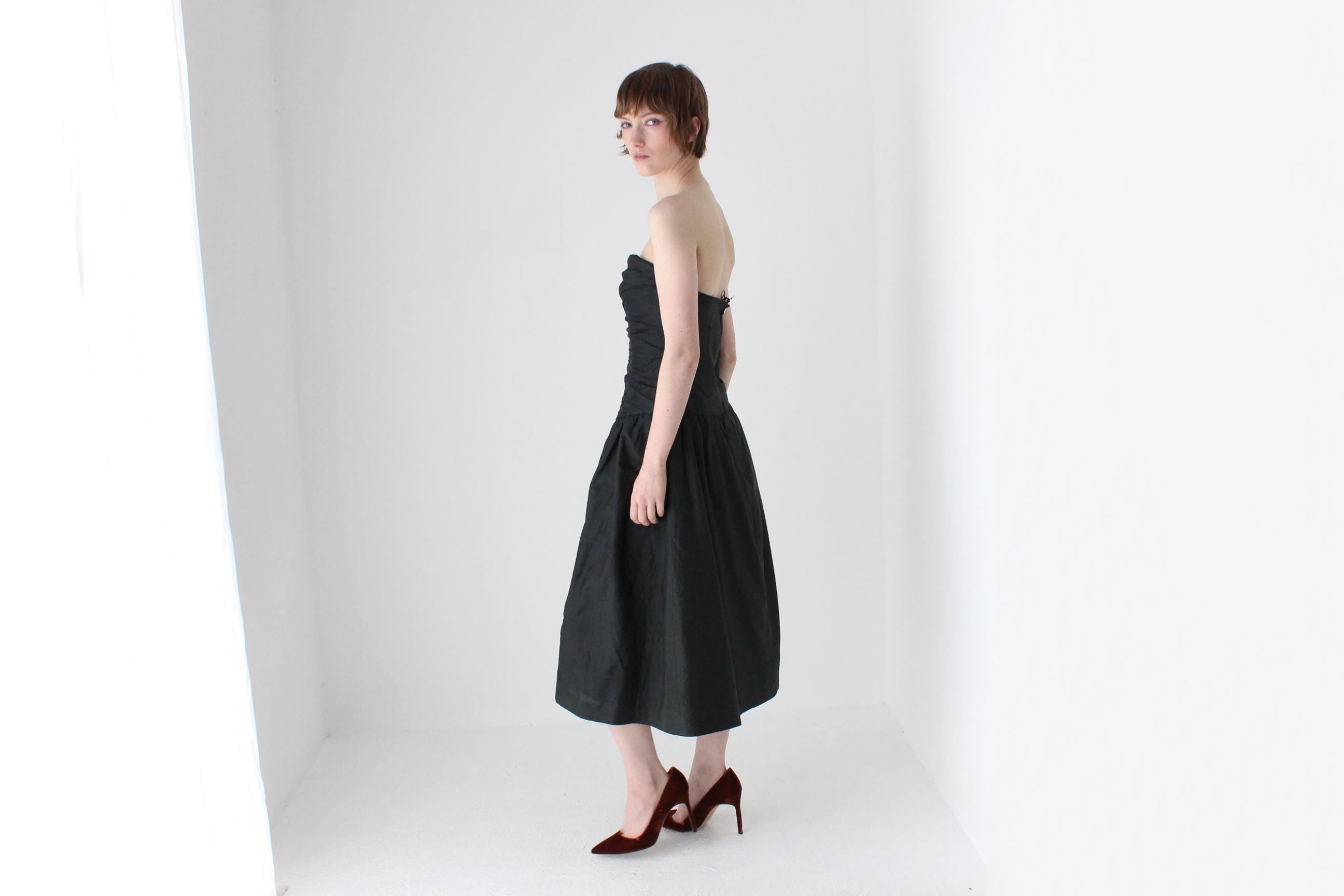 80s Thai Silk Gathered Texture Strapless Dress