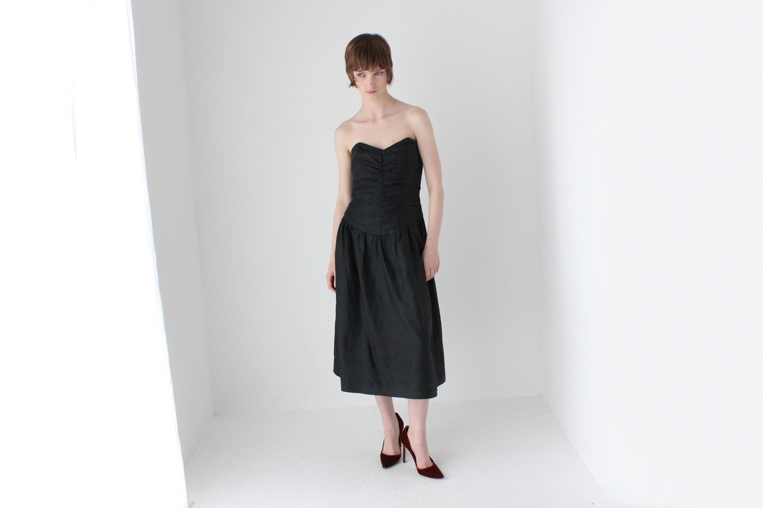 80s Thai Silk Gathered Texture Strapless Dress