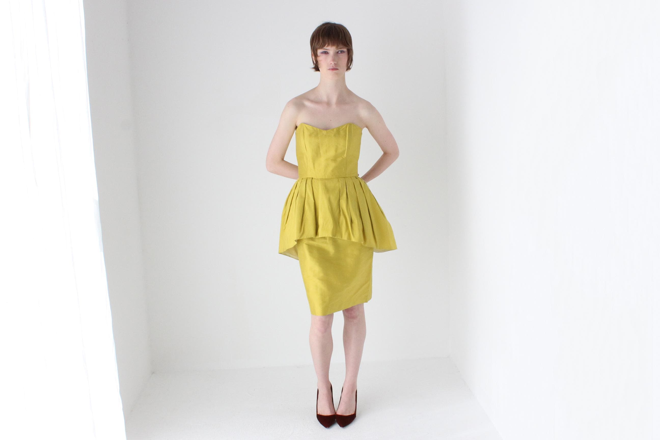 80s Raw Silk & Peplum Strapless Bustier Dress