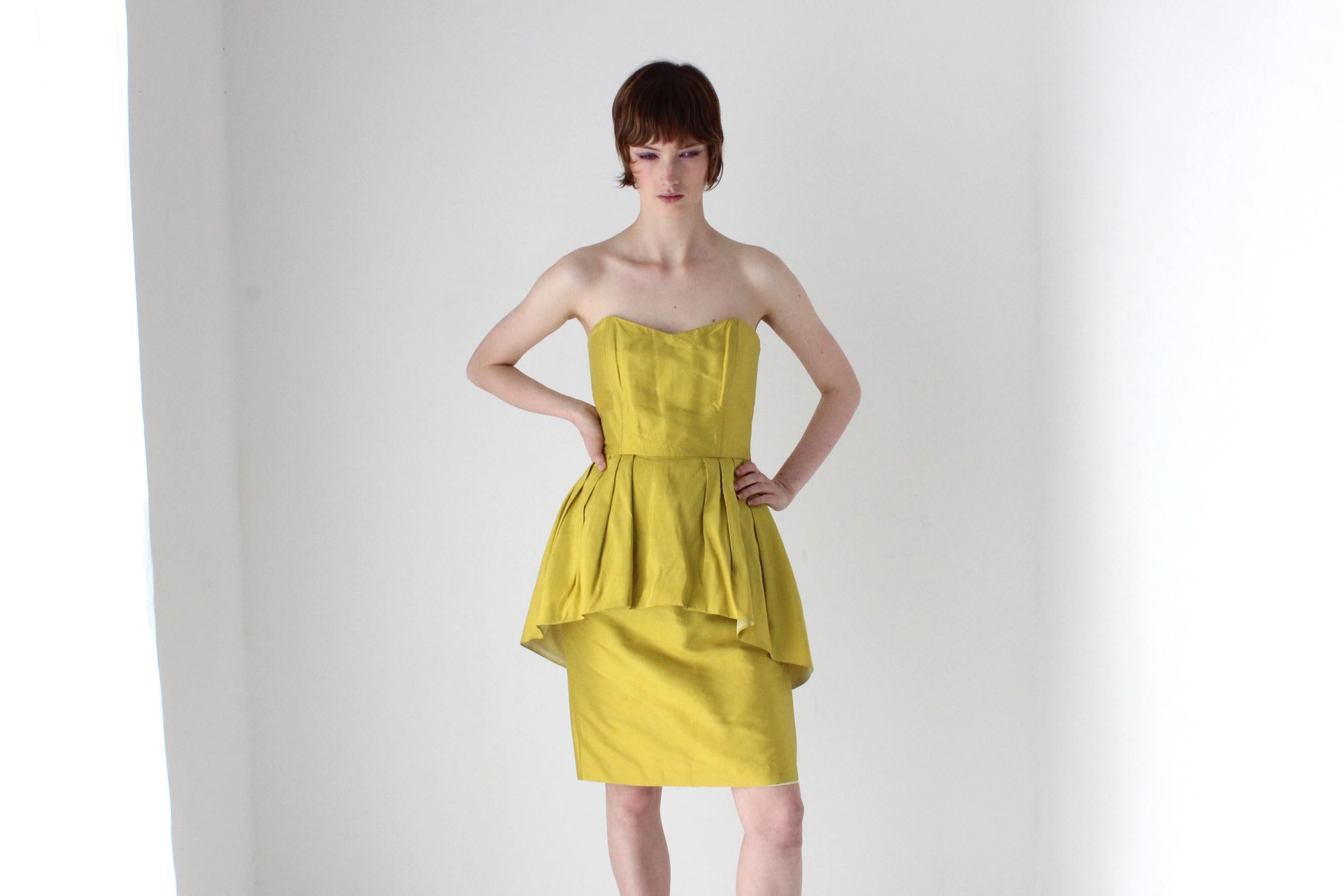 80s Raw Silk & Peplum Strapless Bustier Dress