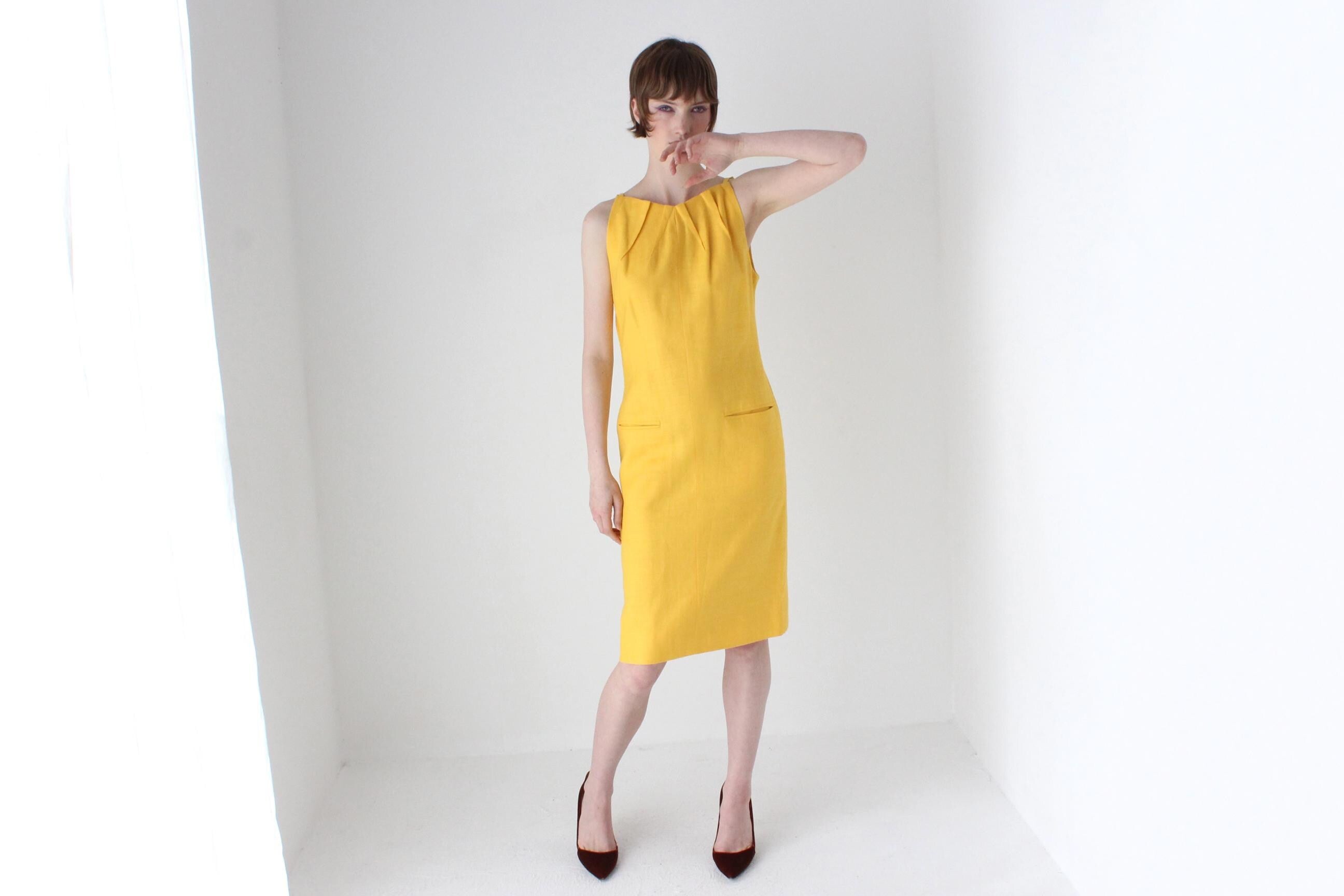 1980s BILL BLASS Sunflower Linen High Neck Cocktail Dress