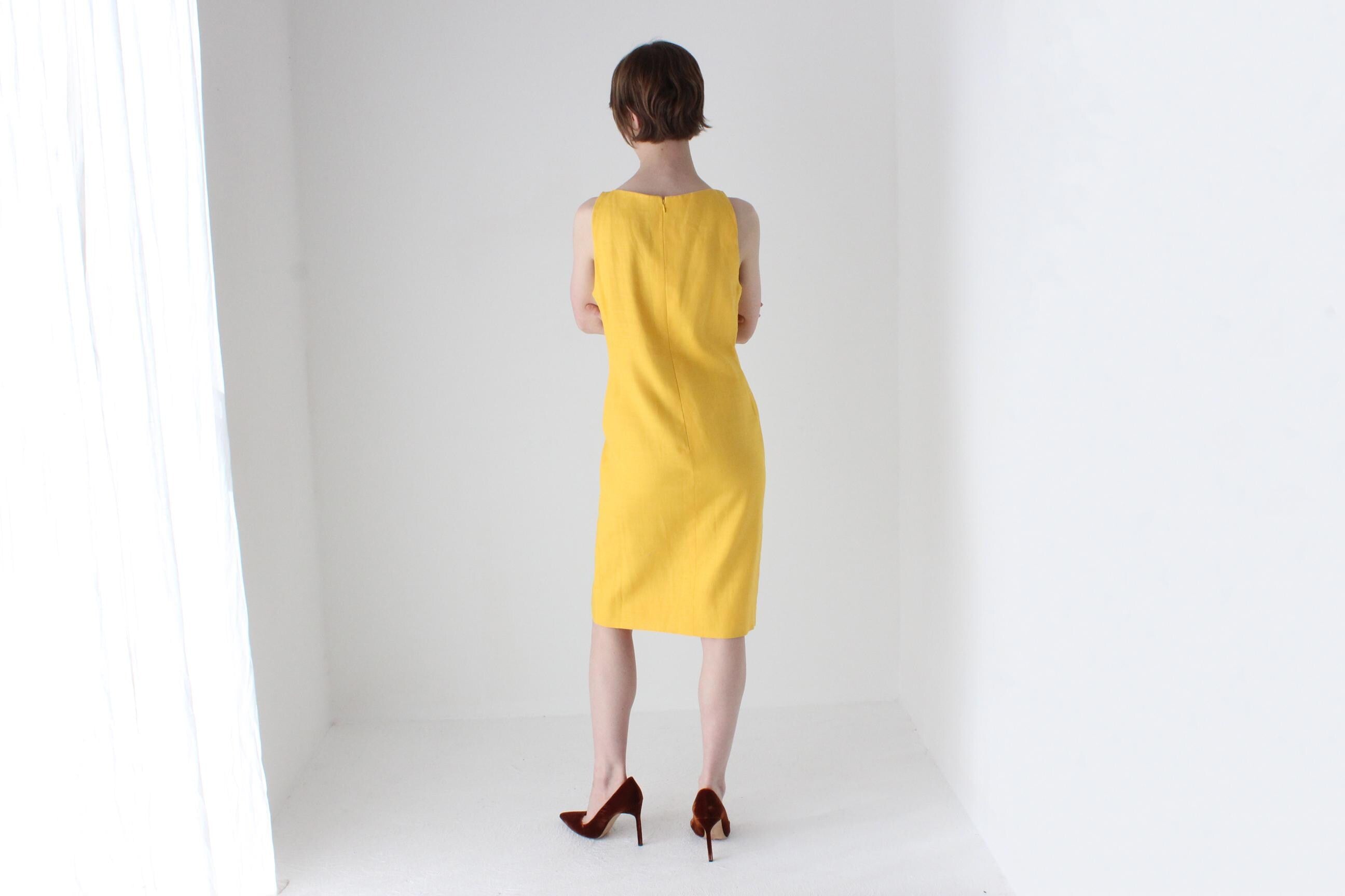 1980s BILL BLASS Sunflower Linen High Neck Cocktail Dress