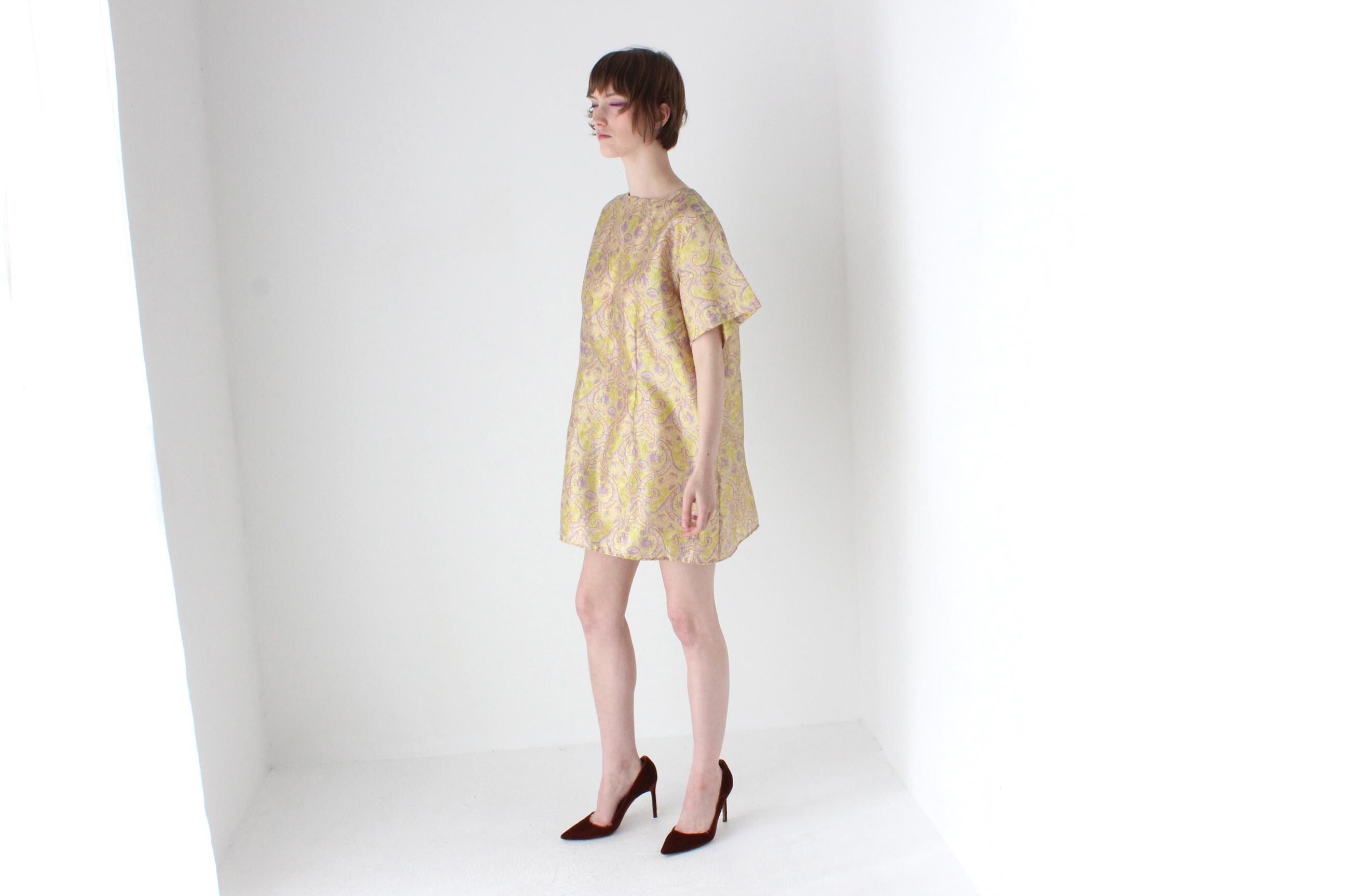 60s Printed Gold Glitter Lurex Mod Mini Party Dress
