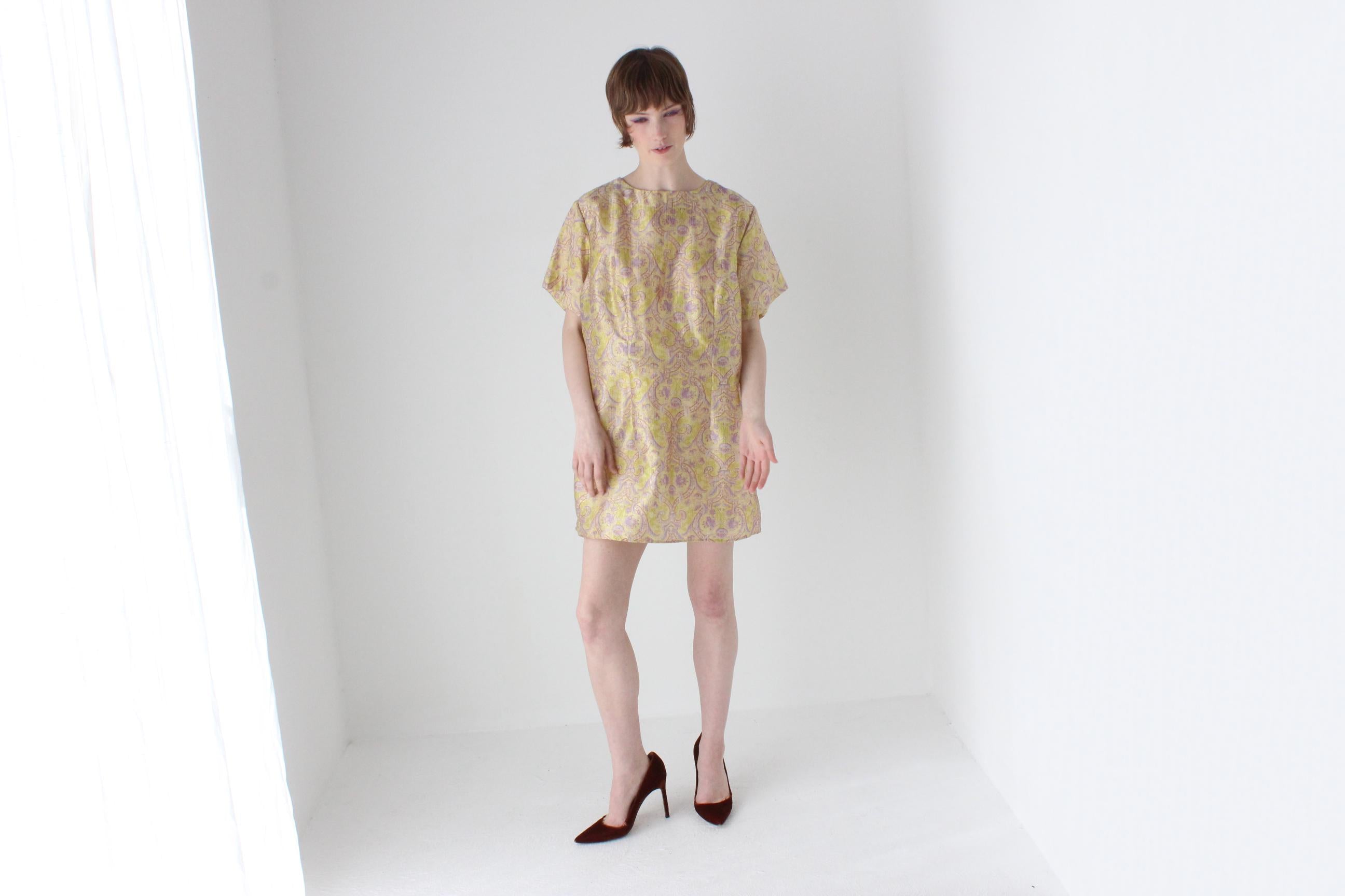 60s Printed Gold Glitter Lurex Mod Mini Party Dress