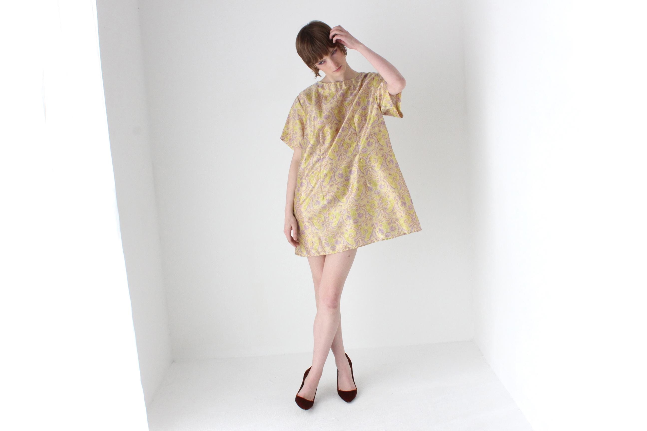 60s Printed Gold Glitter Lurex Mod Mini Party Dress