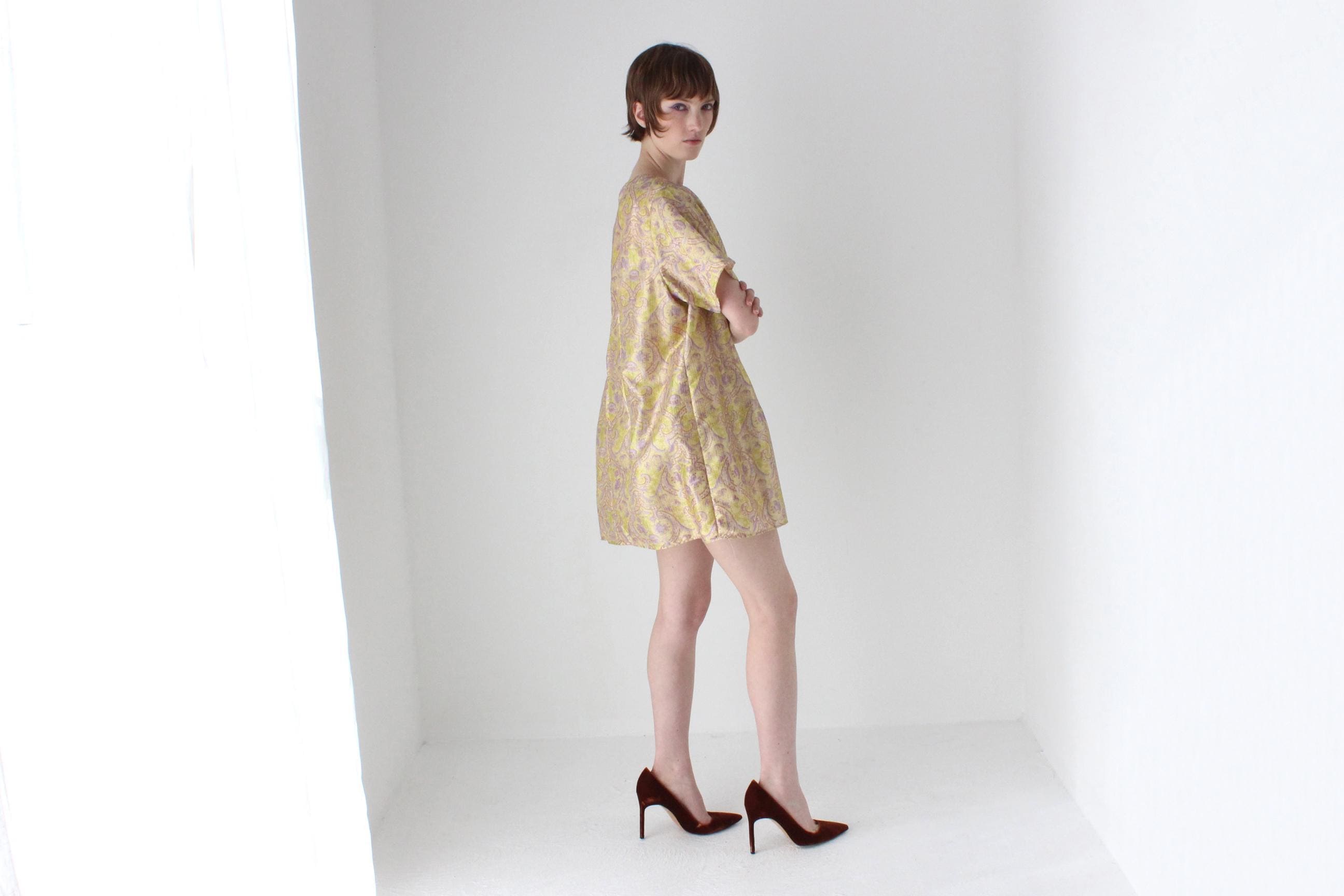 60s Printed Gold Glitter Lurex Mod Mini Party Dress